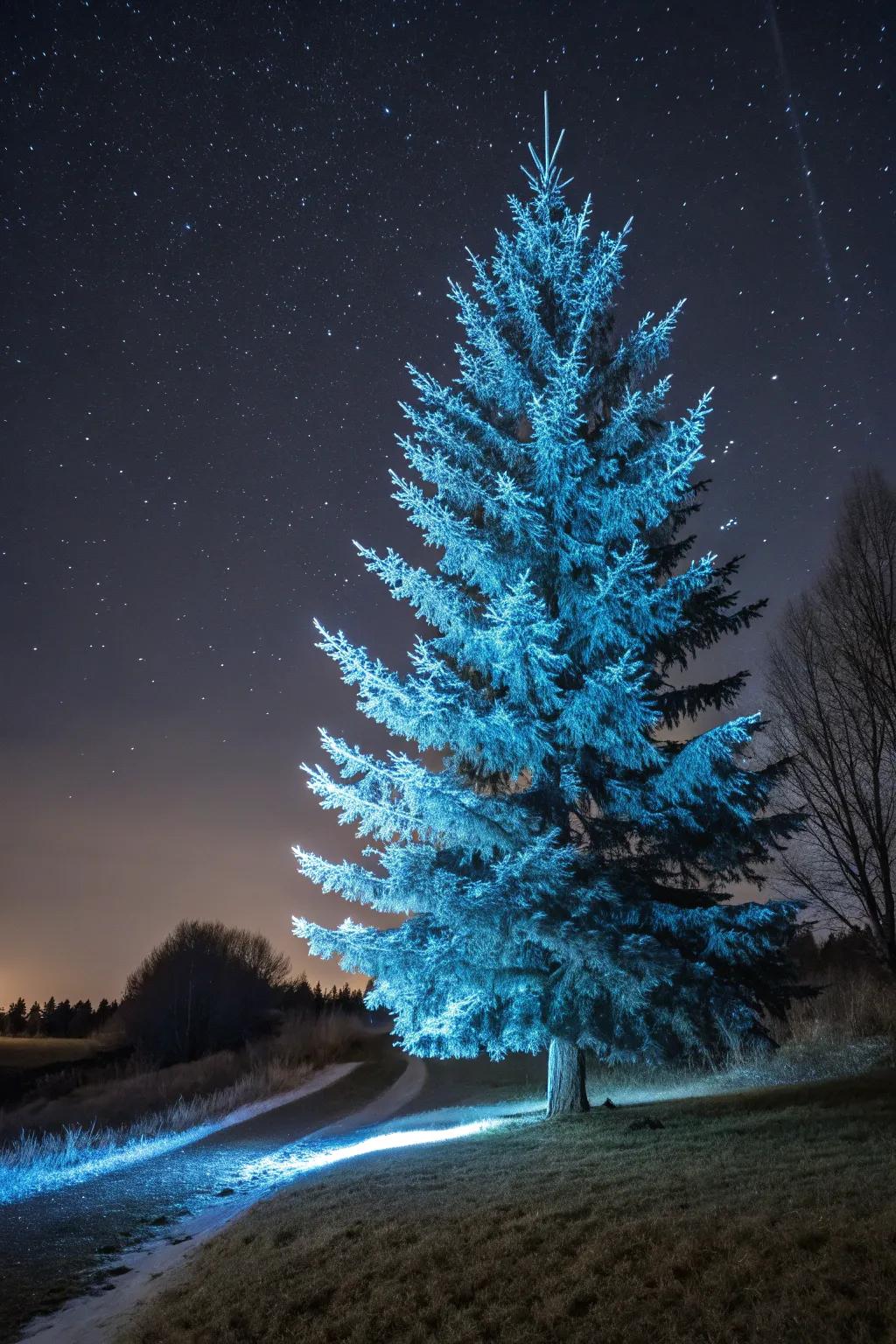 Night lighting transforms the blue spruce into an evening spectacle.