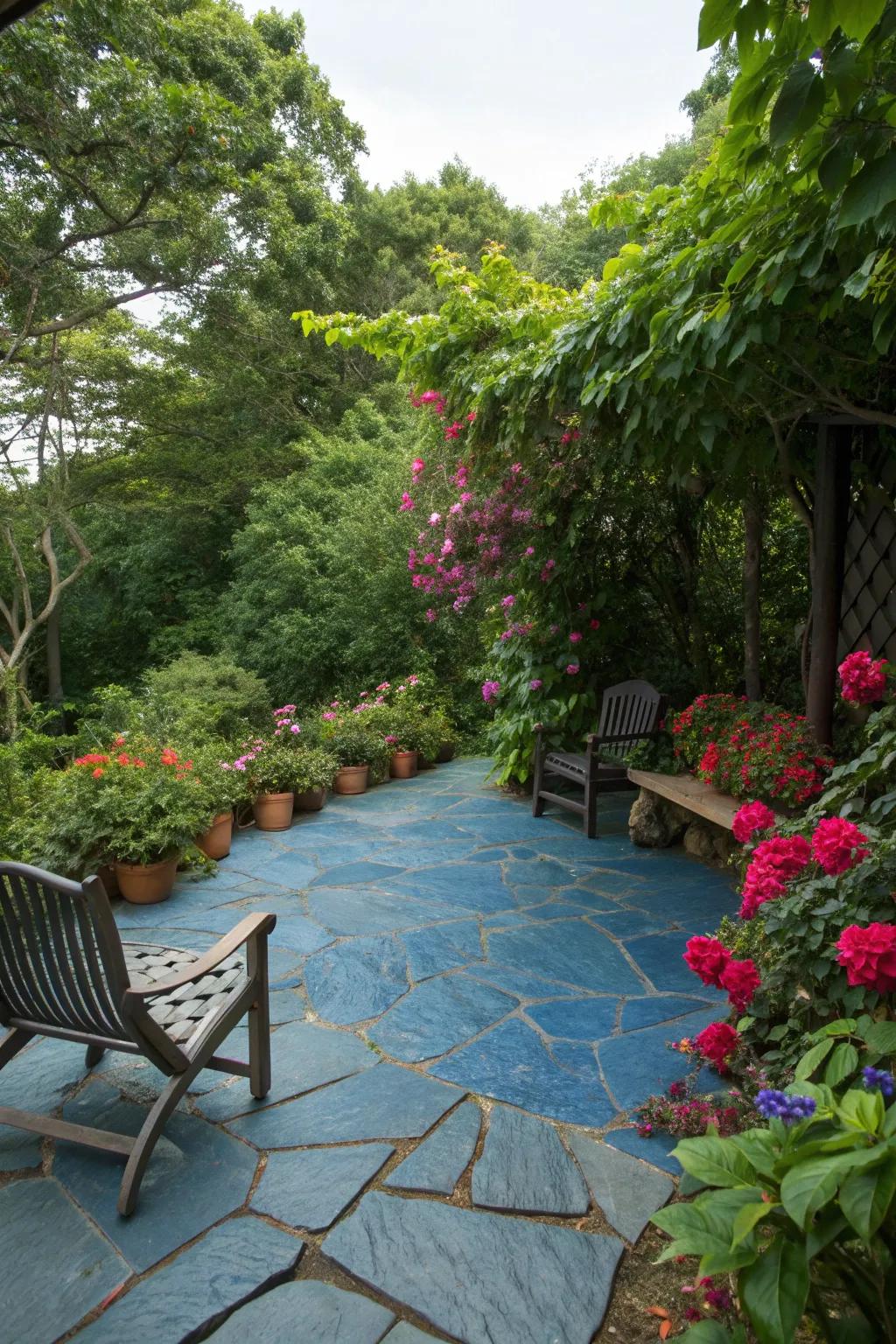 A green oasis with blue stone charm