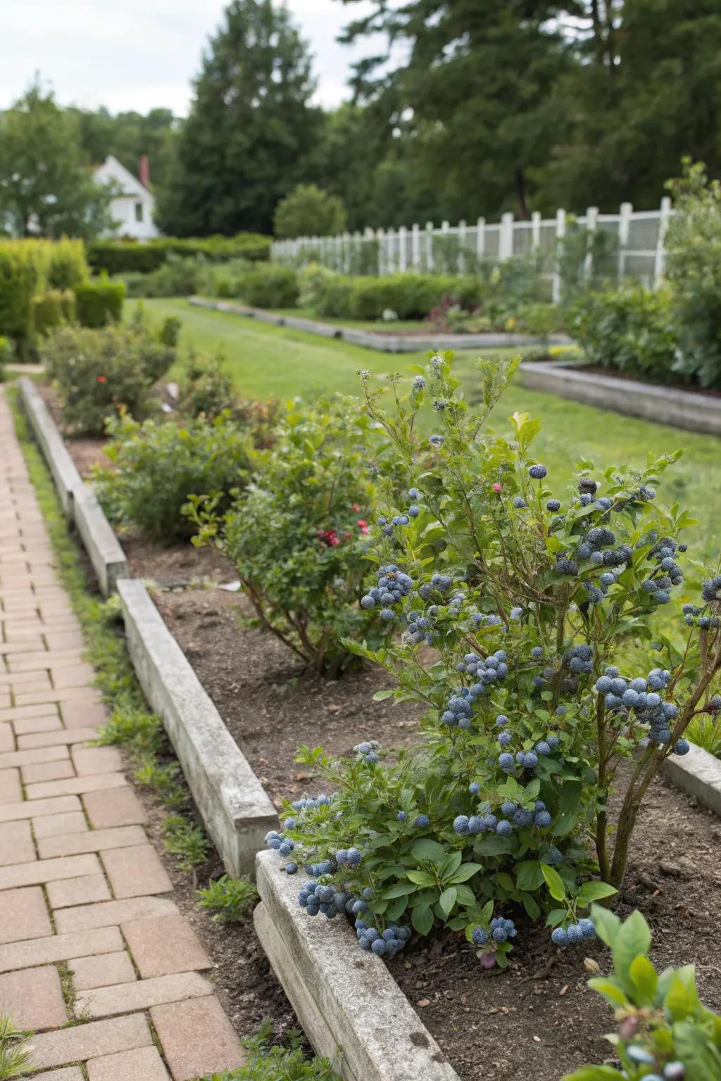 Charming blueberry borders add structure to the garden.