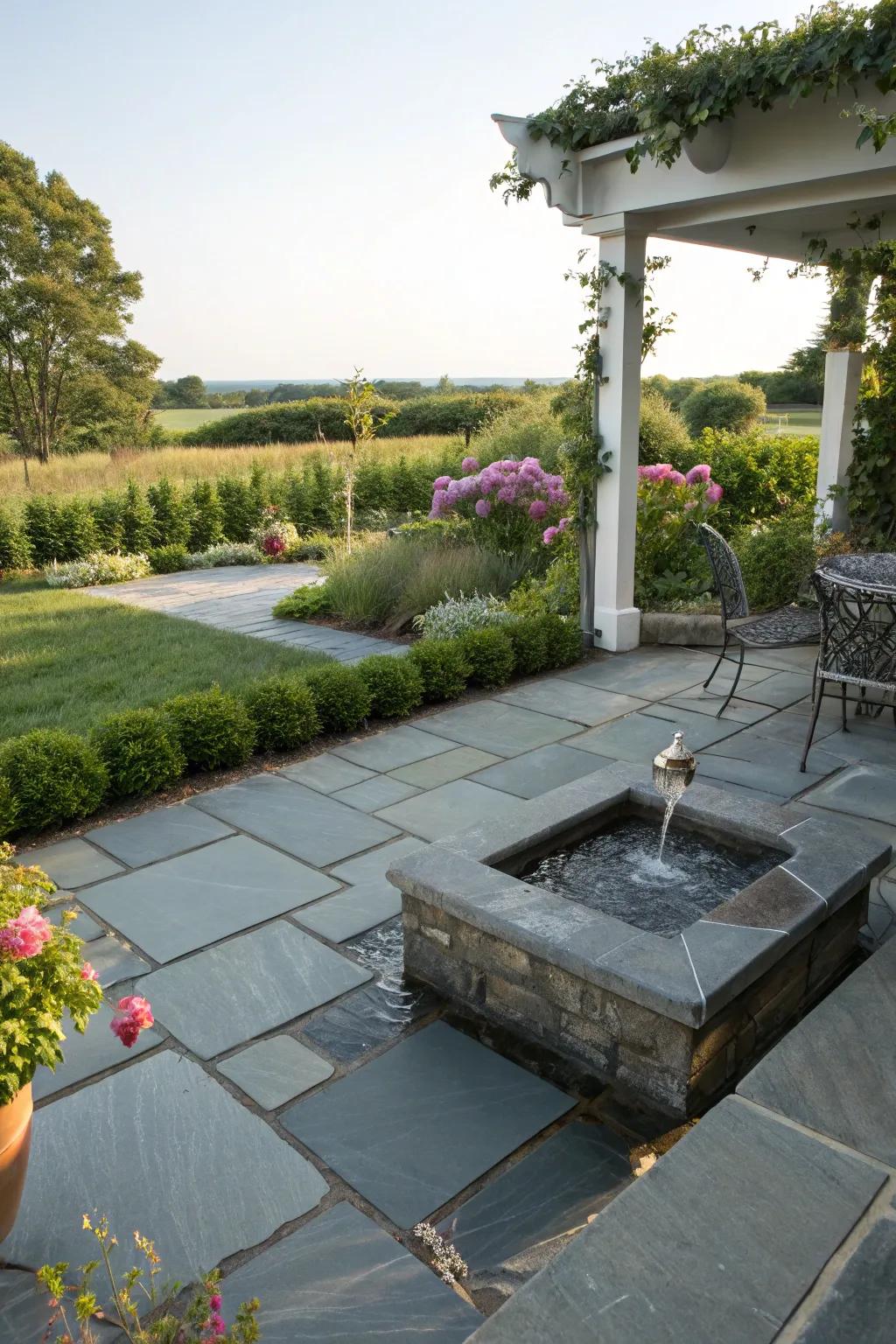 Introduce tranquility with a water feature on your patio.