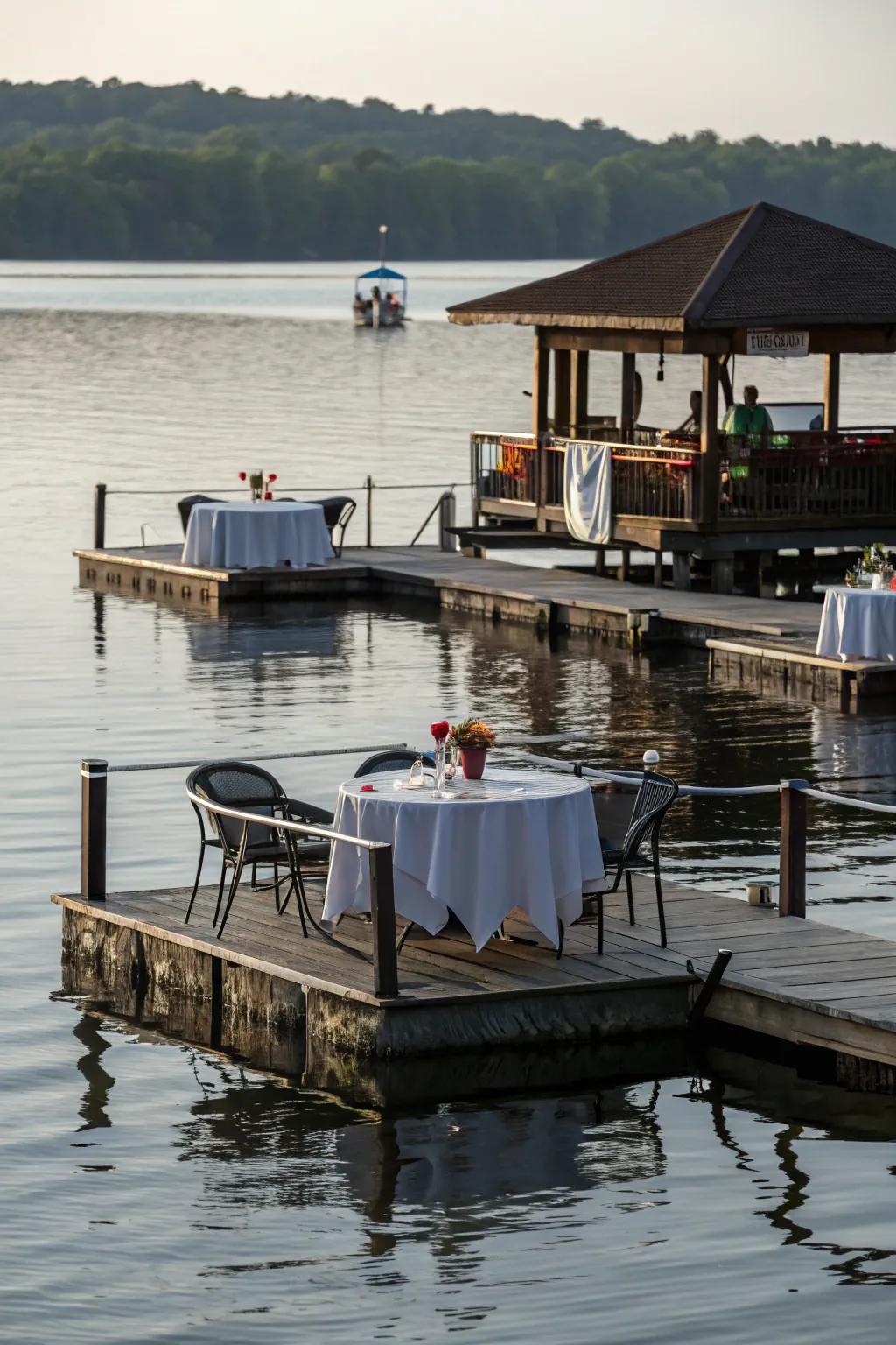 Floating tables add a playful element to this dock setting.