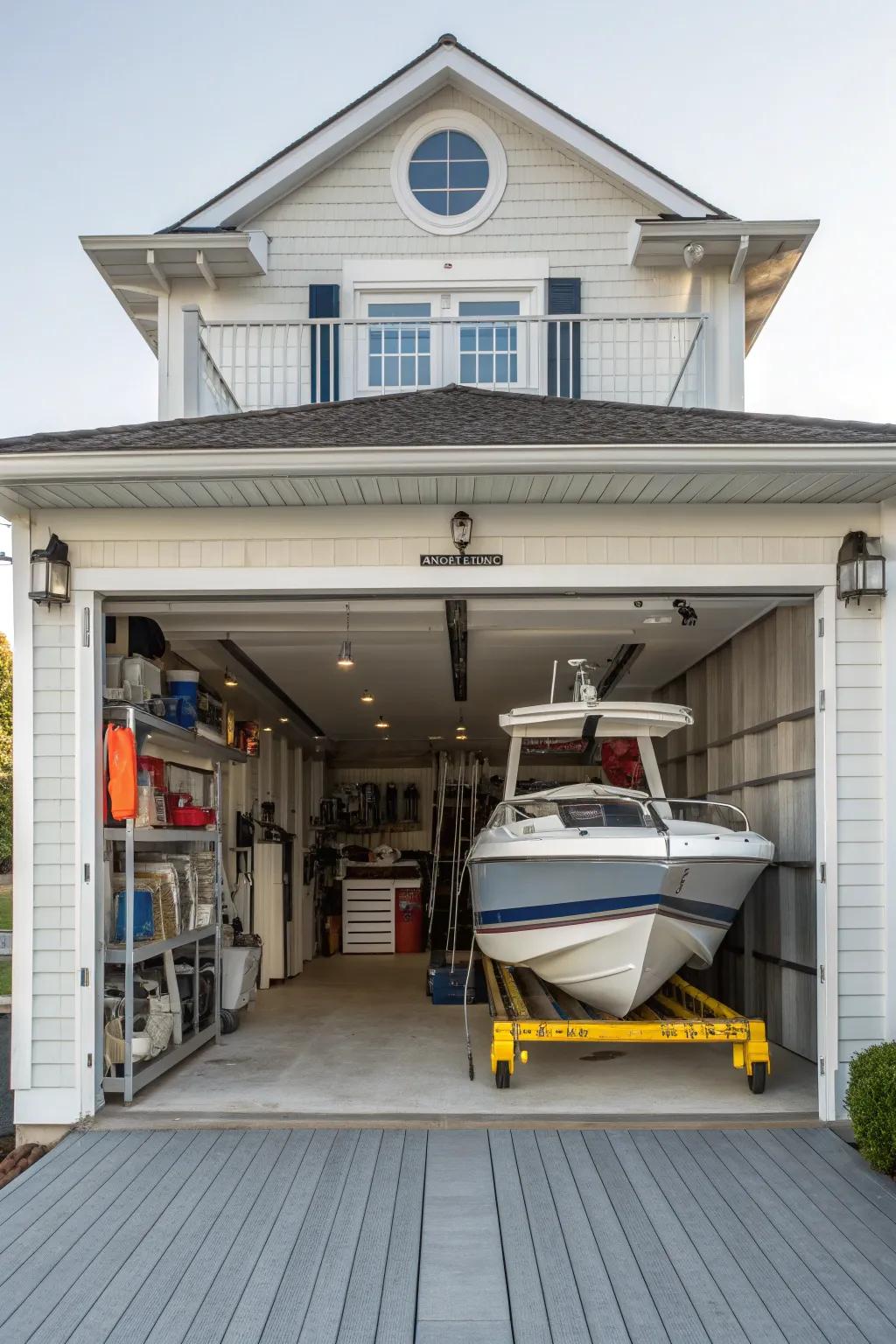A functional boat house design with a boat lift and storage.