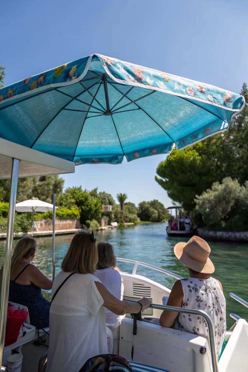 Marine umbrellas provide portable and adjustable shade.