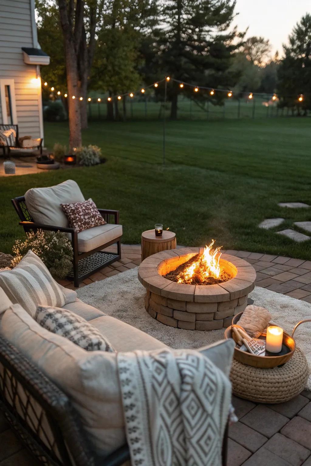 A fire pit creates a warm and inviting gathering spot.