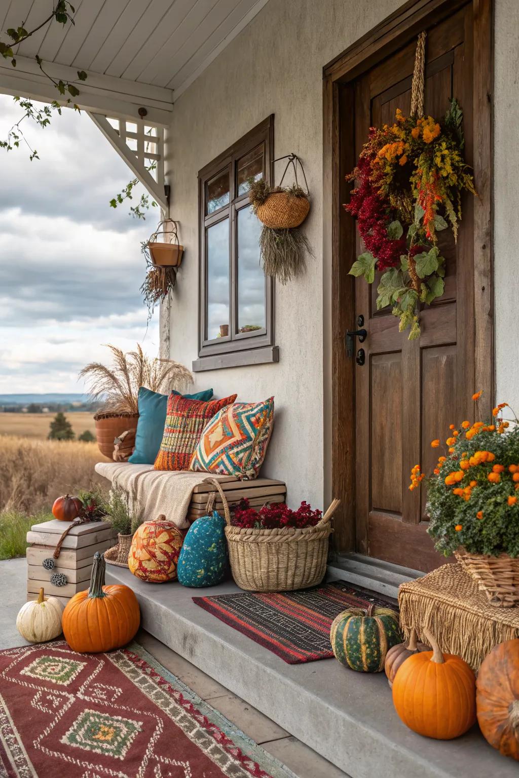 Seasonal decor keeps your boho porch fresh and inviting.