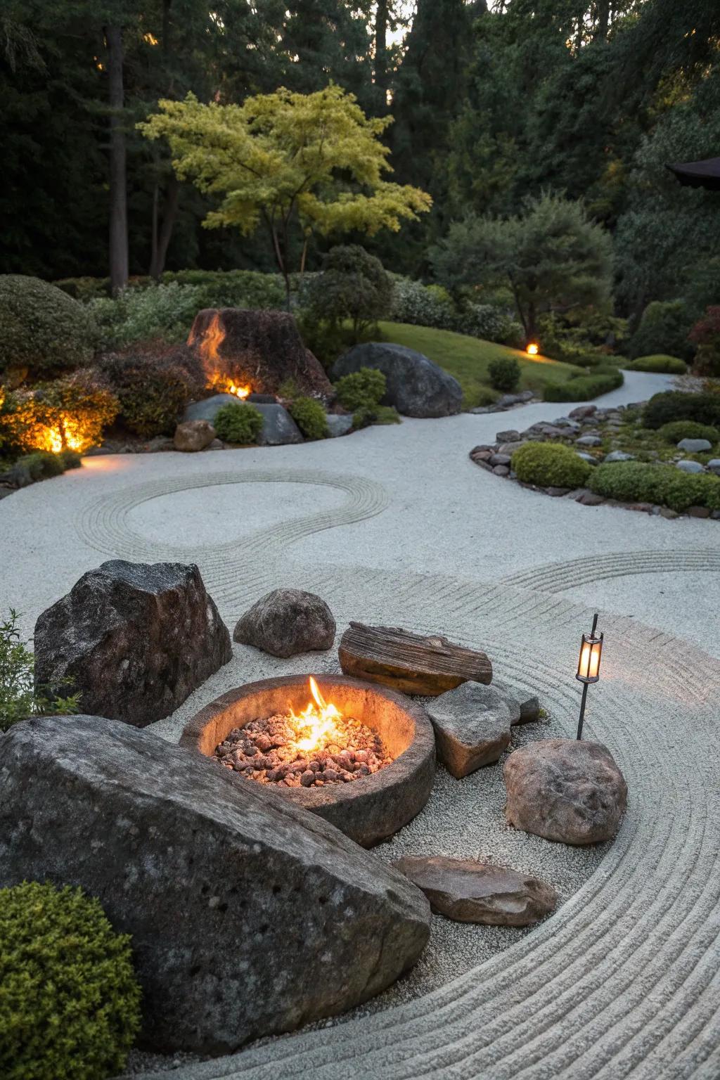 A Zen garden setting offers a tranquil fire pit experience.