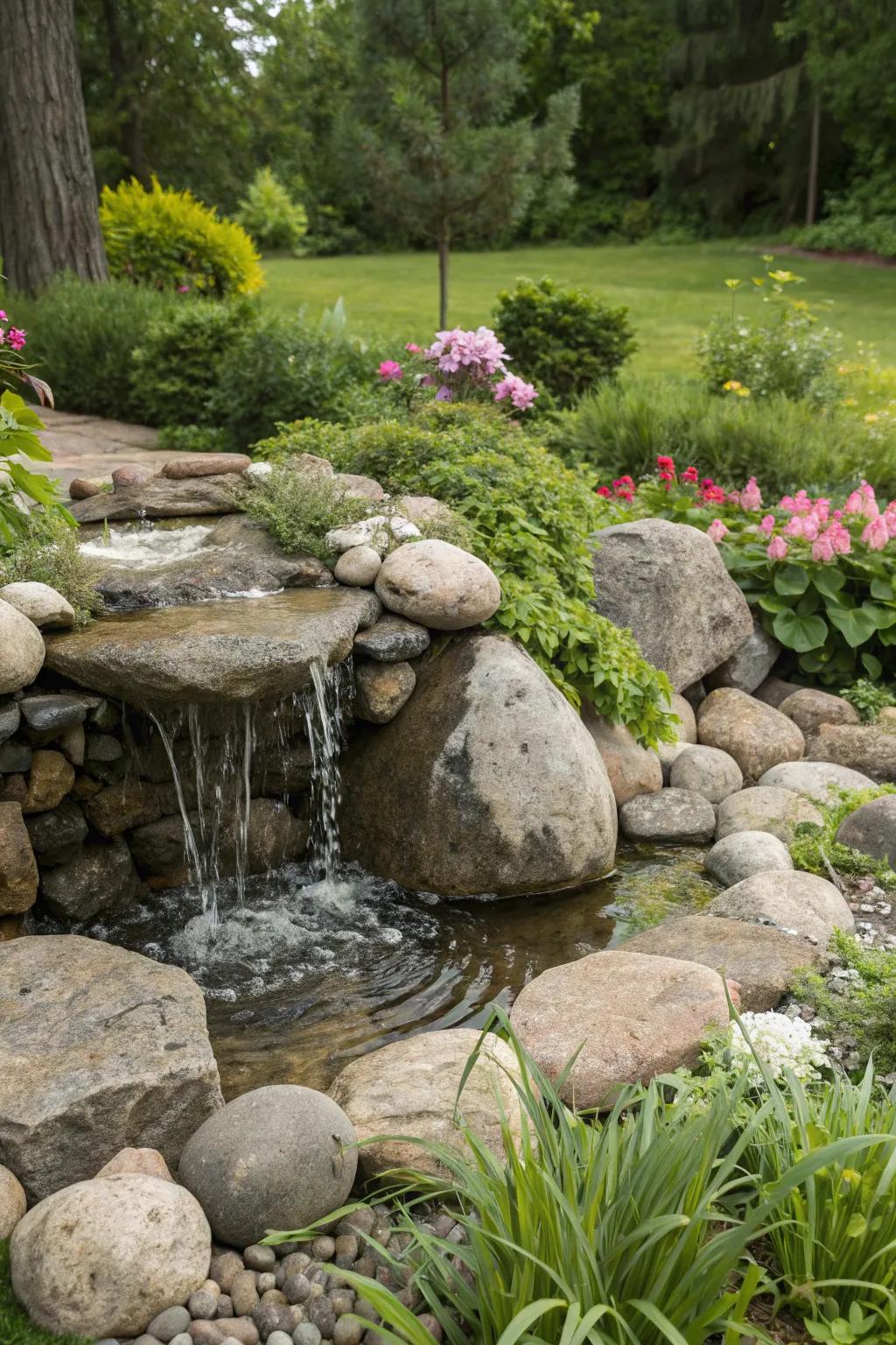 Textural contrasts add depth and interest to this boulder fountain.