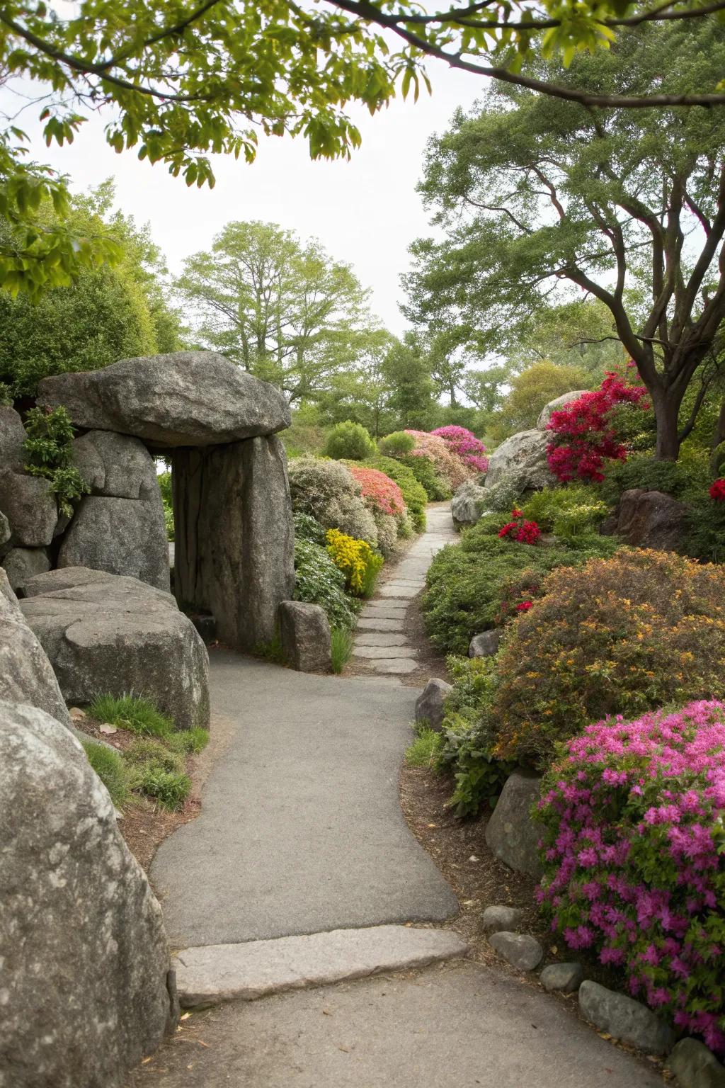 Welcome guests with a grand boulder-flanked entrance.