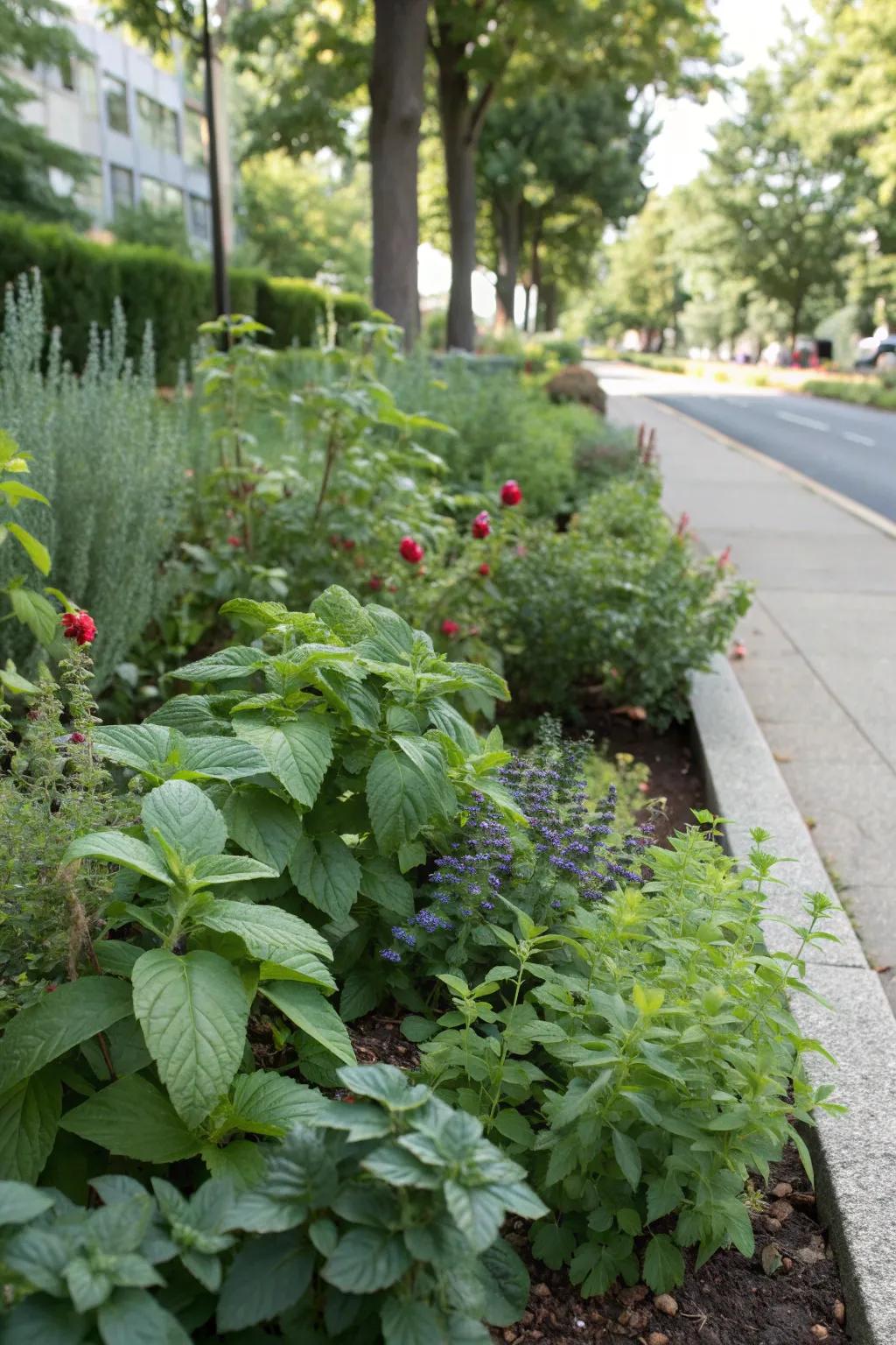 Edible herbs and berries add a practical touch to the garden.