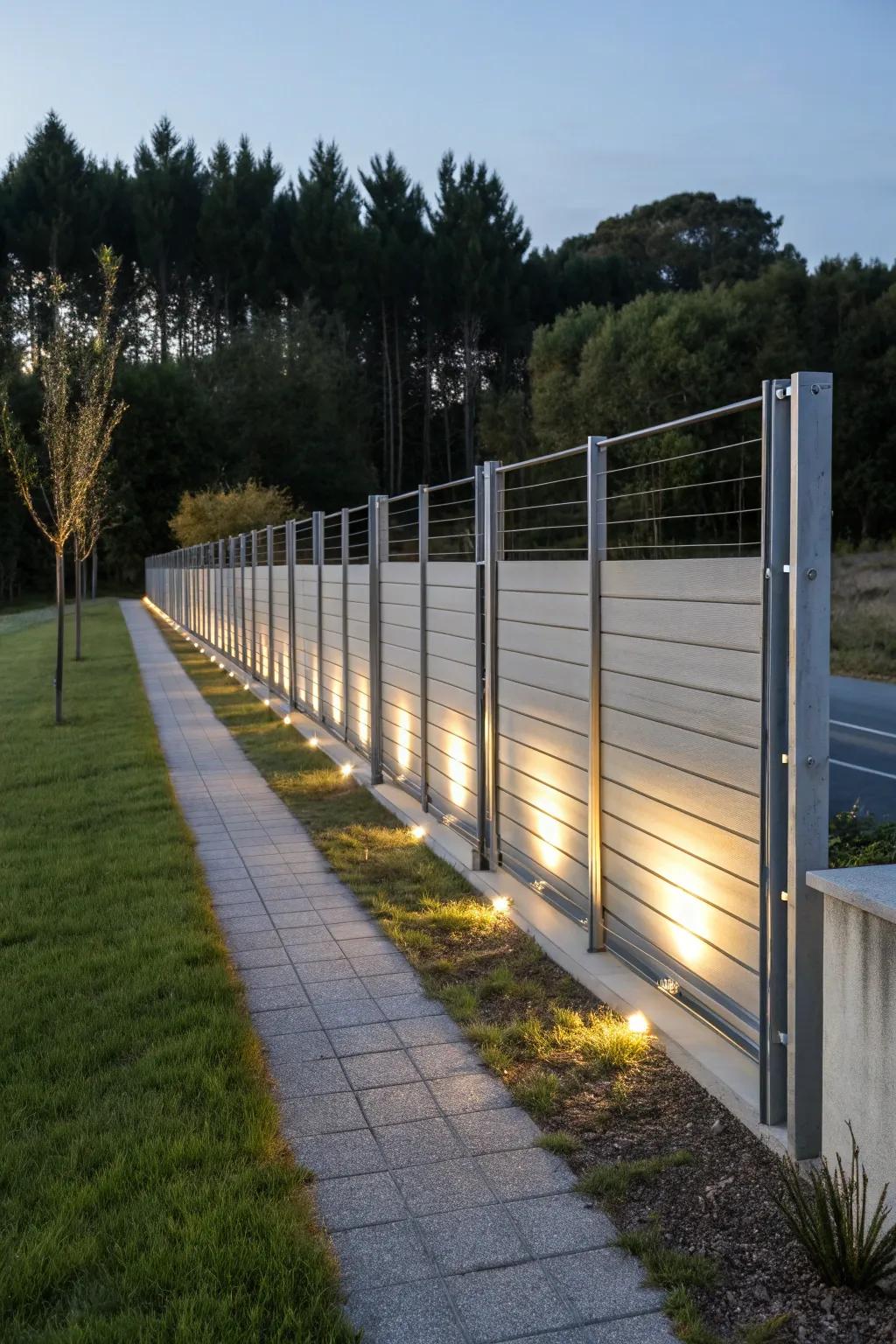 A boundary fence elegantly lit for nighttime ambiance.