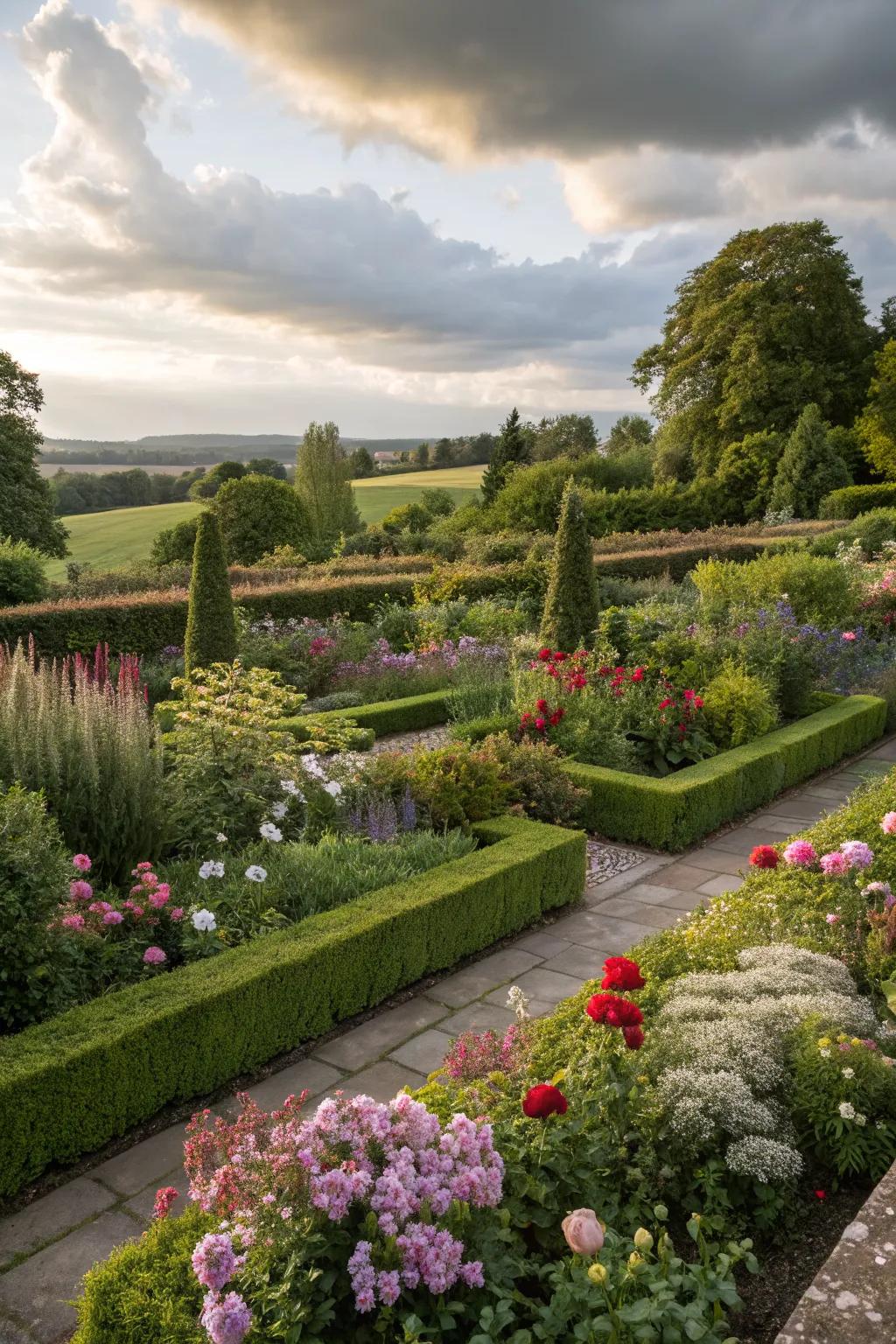 Boxwood borders defining spaces within a garden.
