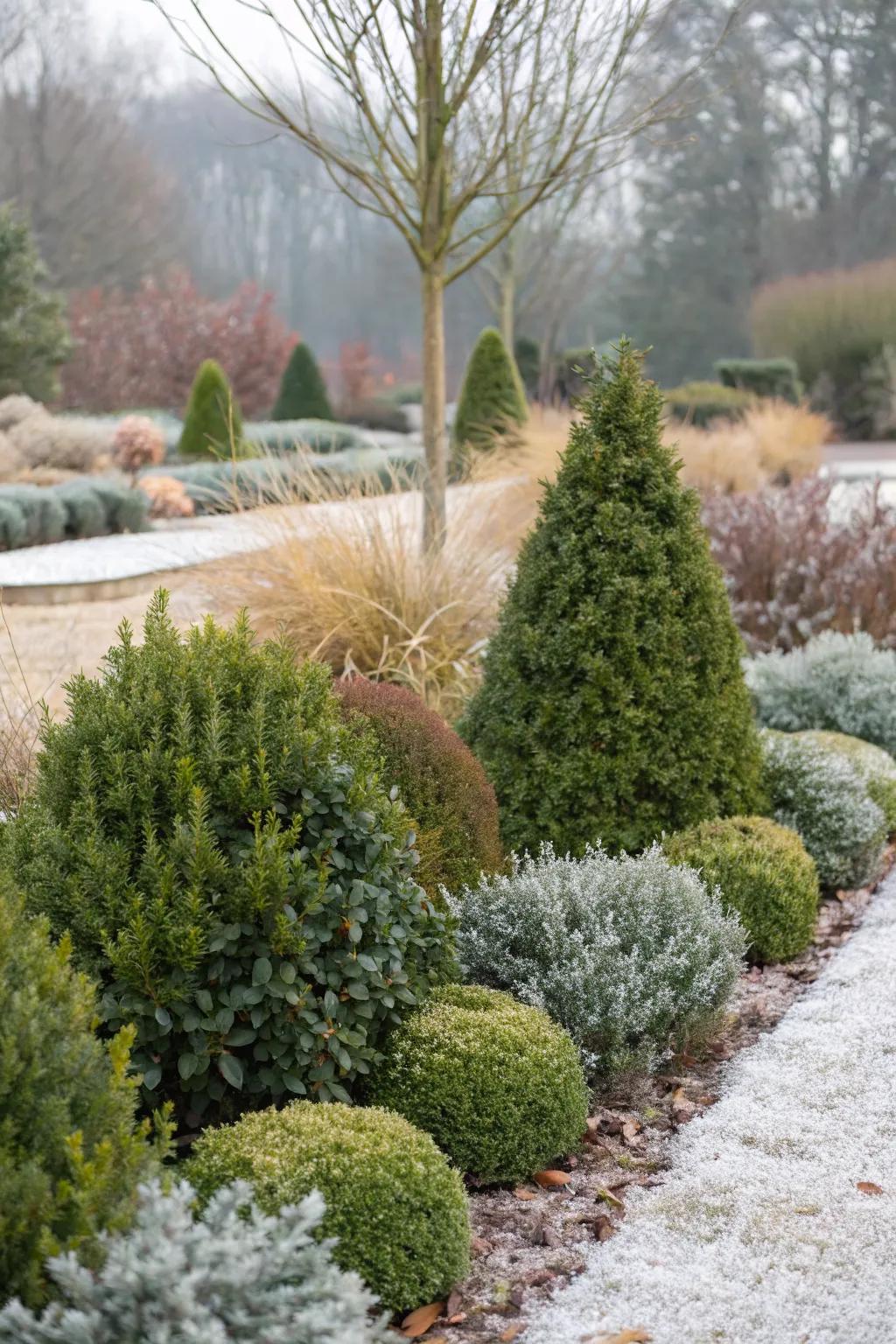 Add winter interest with evergreen boxwoods.
