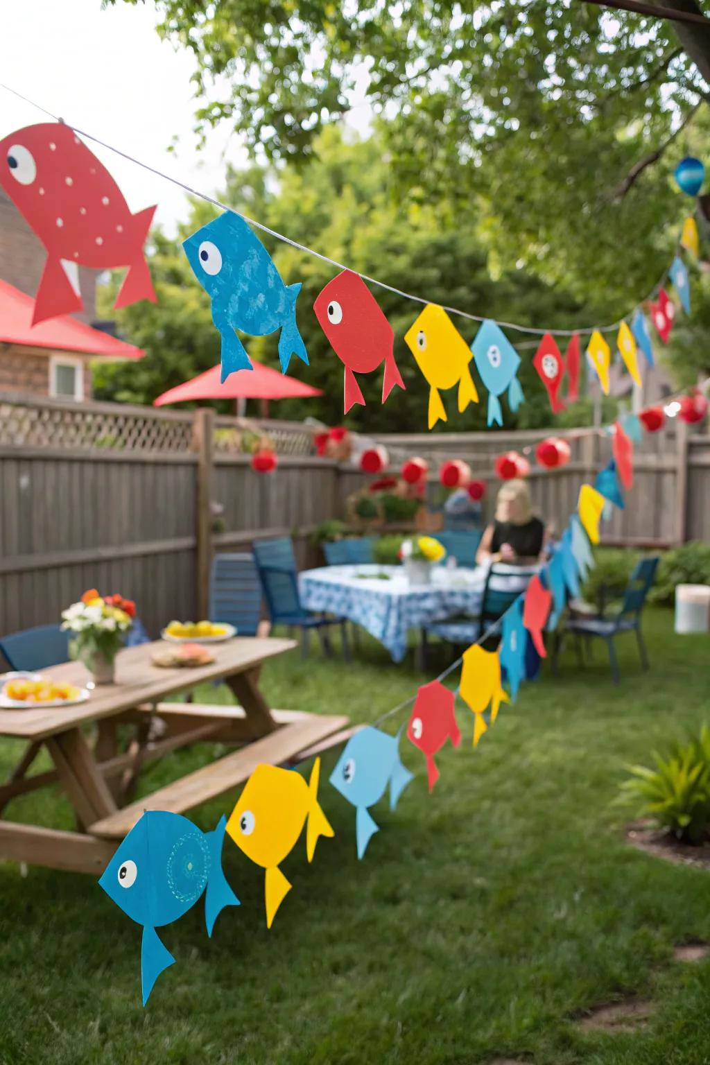 Vibrant fish banners adding whimsy to the decor.