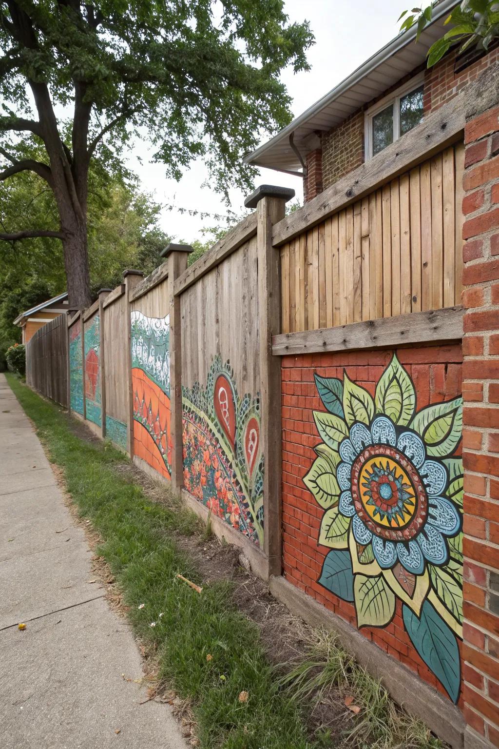A fence transformed into an outdoor gallery with artistic murals