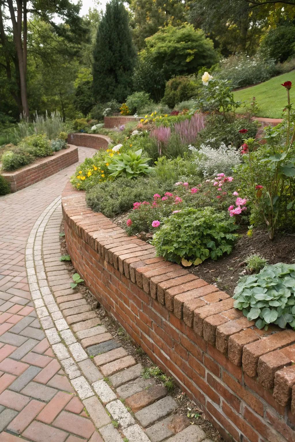 Angled brick borders offer a unique garden twist.