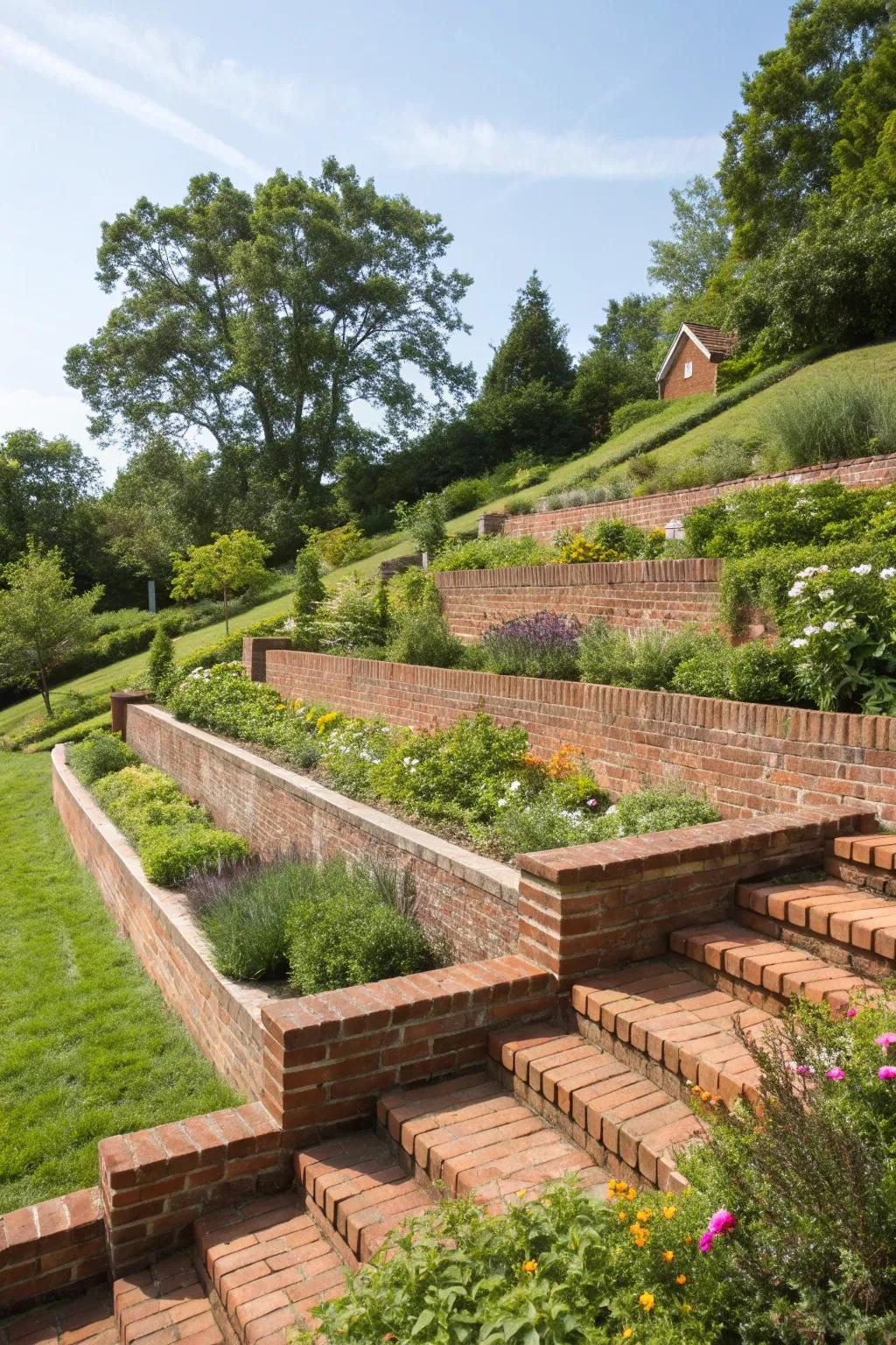Terraced brick edges add dimension to slopes.