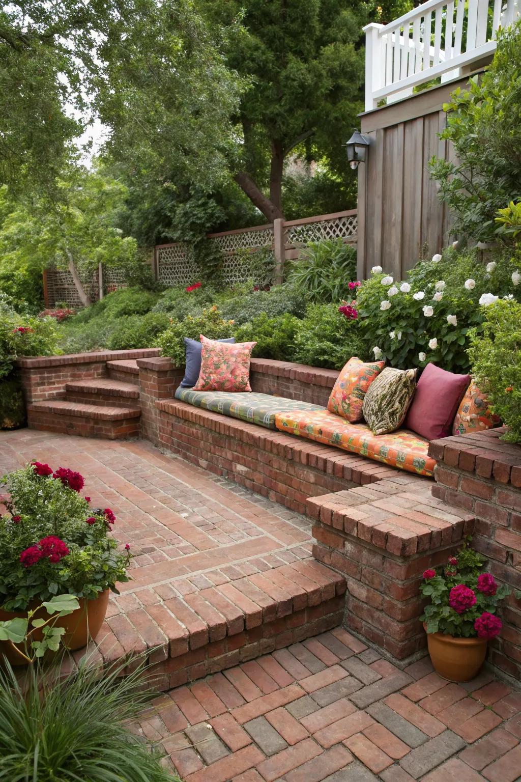 Built-in seating offers comfort and space efficiency on this brick deck.