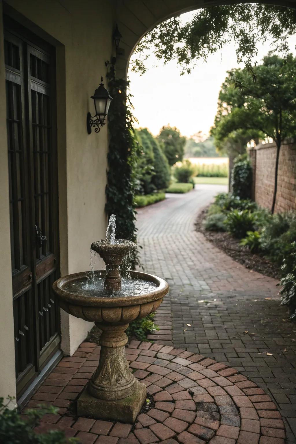 A charming fountain adding a touch of elegance to a brick driveway.