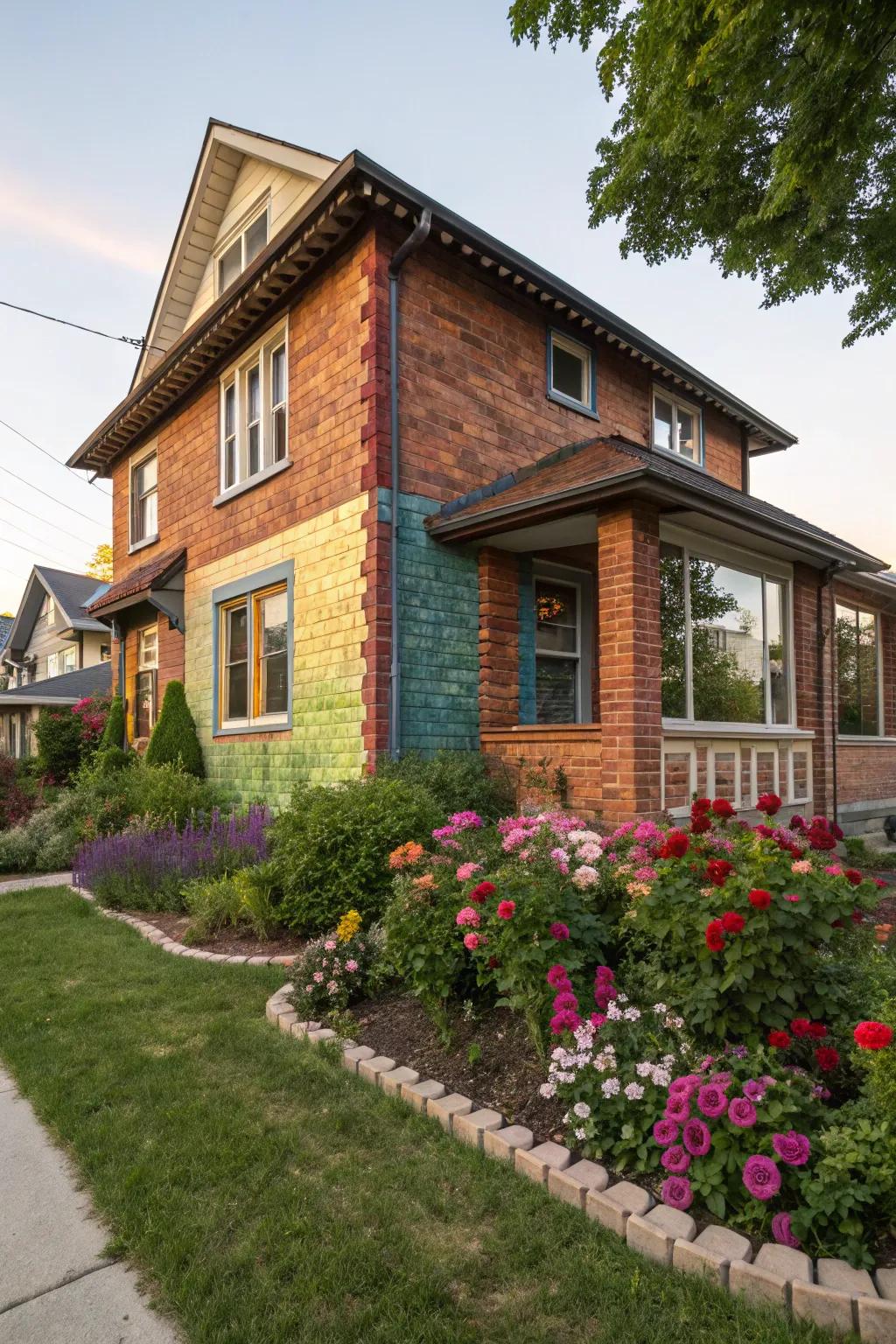 A vibrant home with colorful brickwork that stands out beautifully.