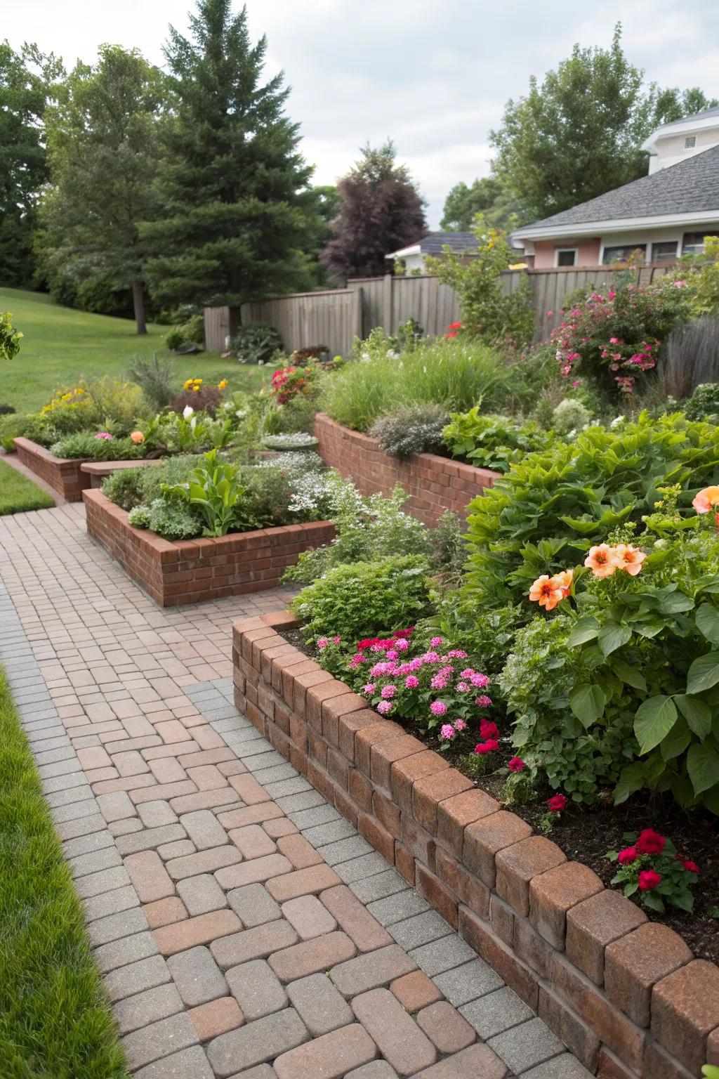 Achieve harmony by integrating garden beds with brick pavers.