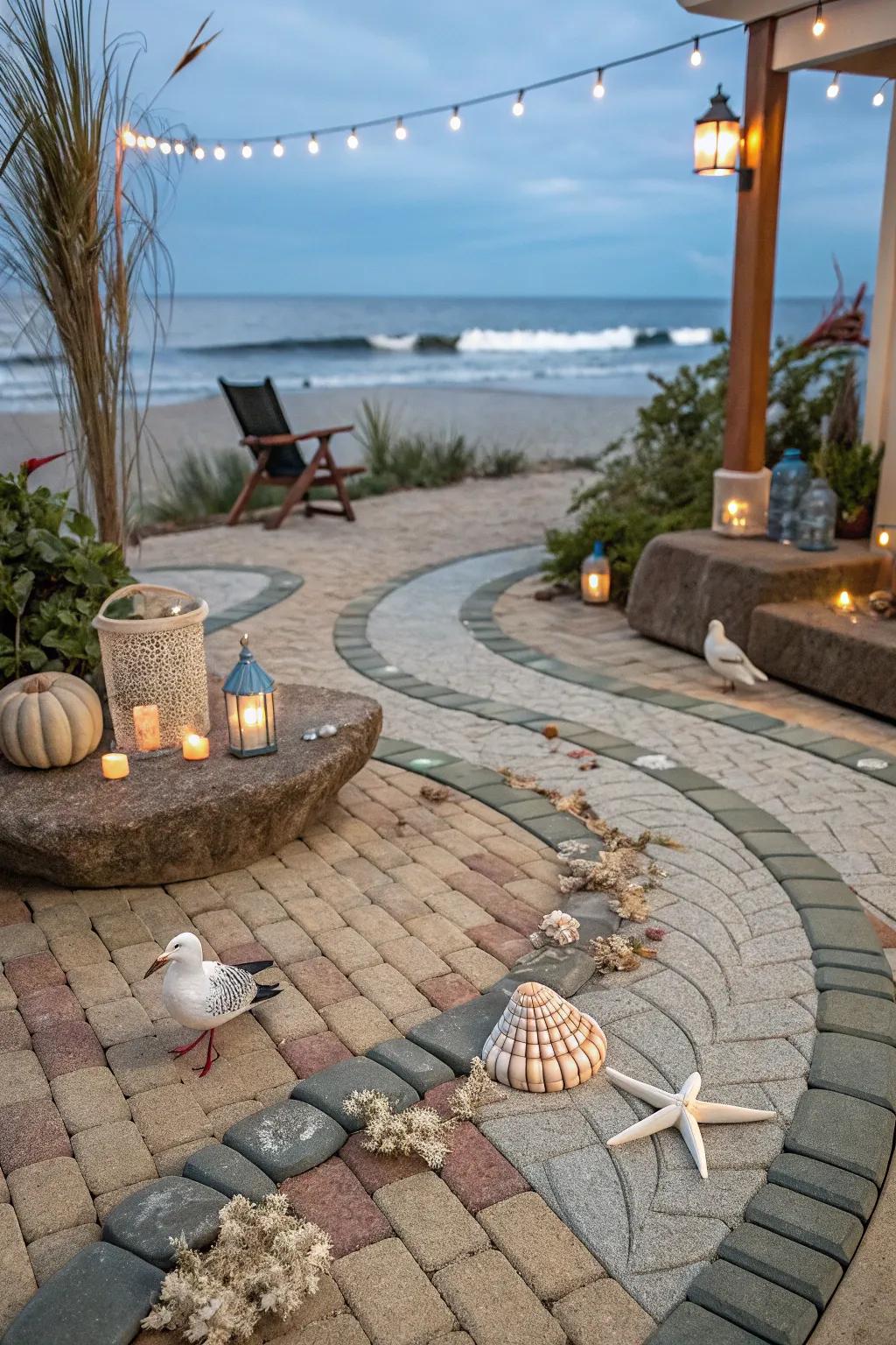 A serene patio featuring a wave brick paver pattern.