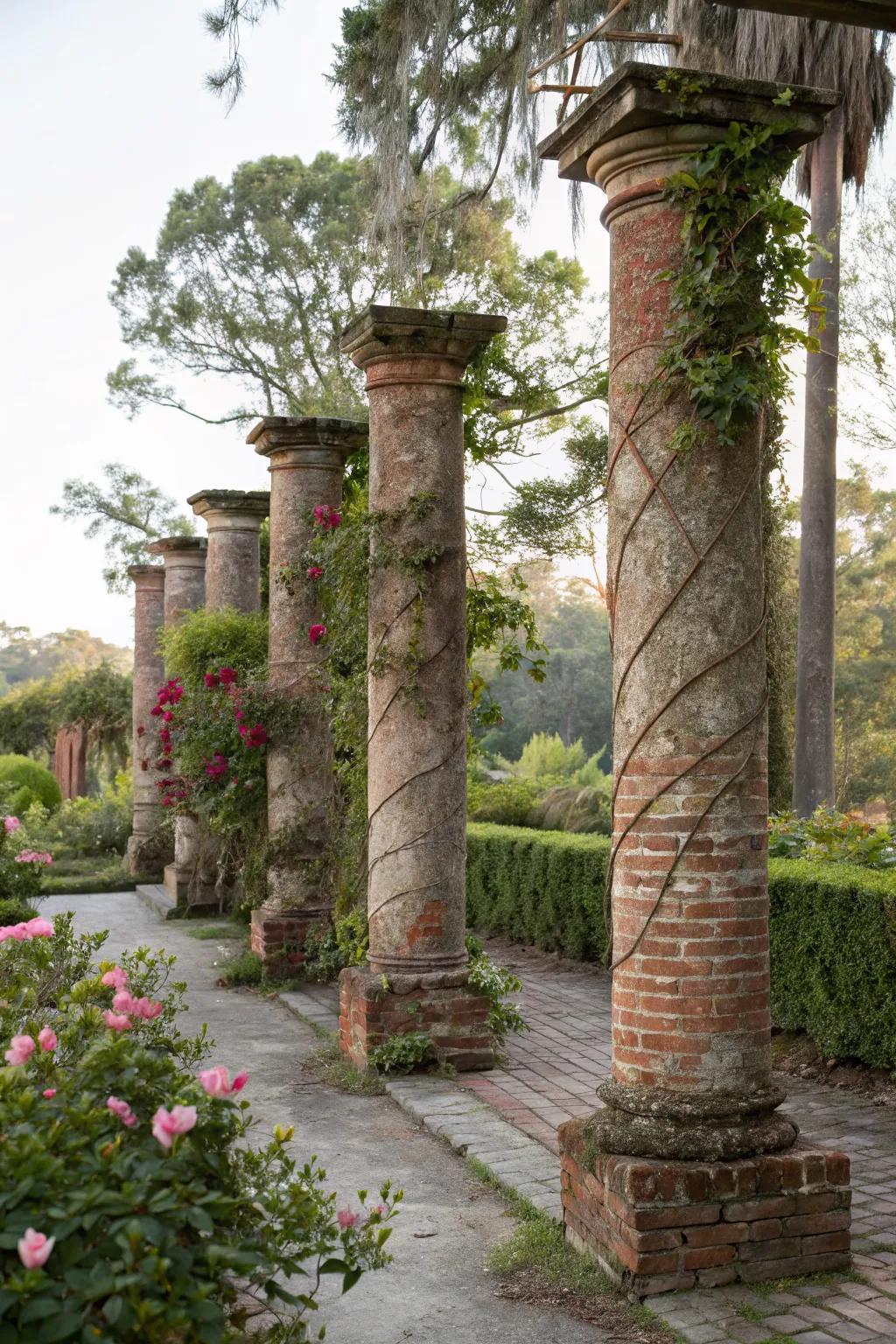 Aged brick pillars with rustic decor, creating a nostalgic atmosphere.