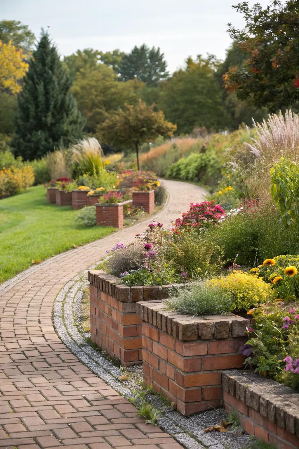 Brick planter boxes enhancing a winding garden path.