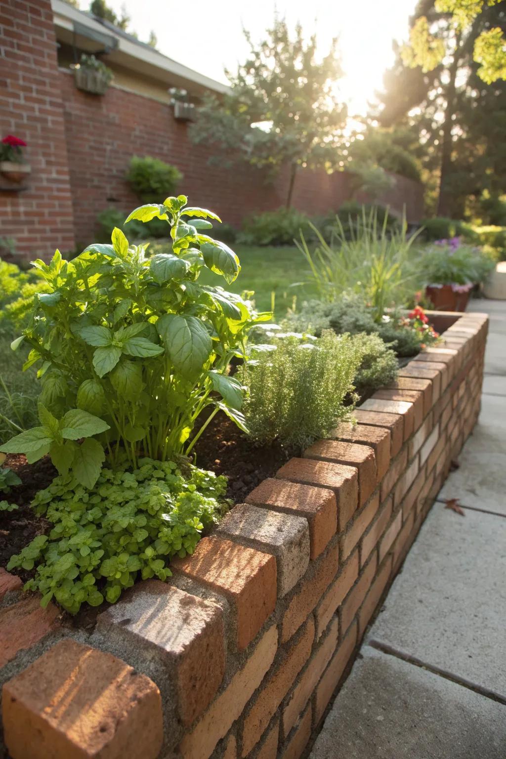 A brick planter wall transformed into a convenient herb garden.