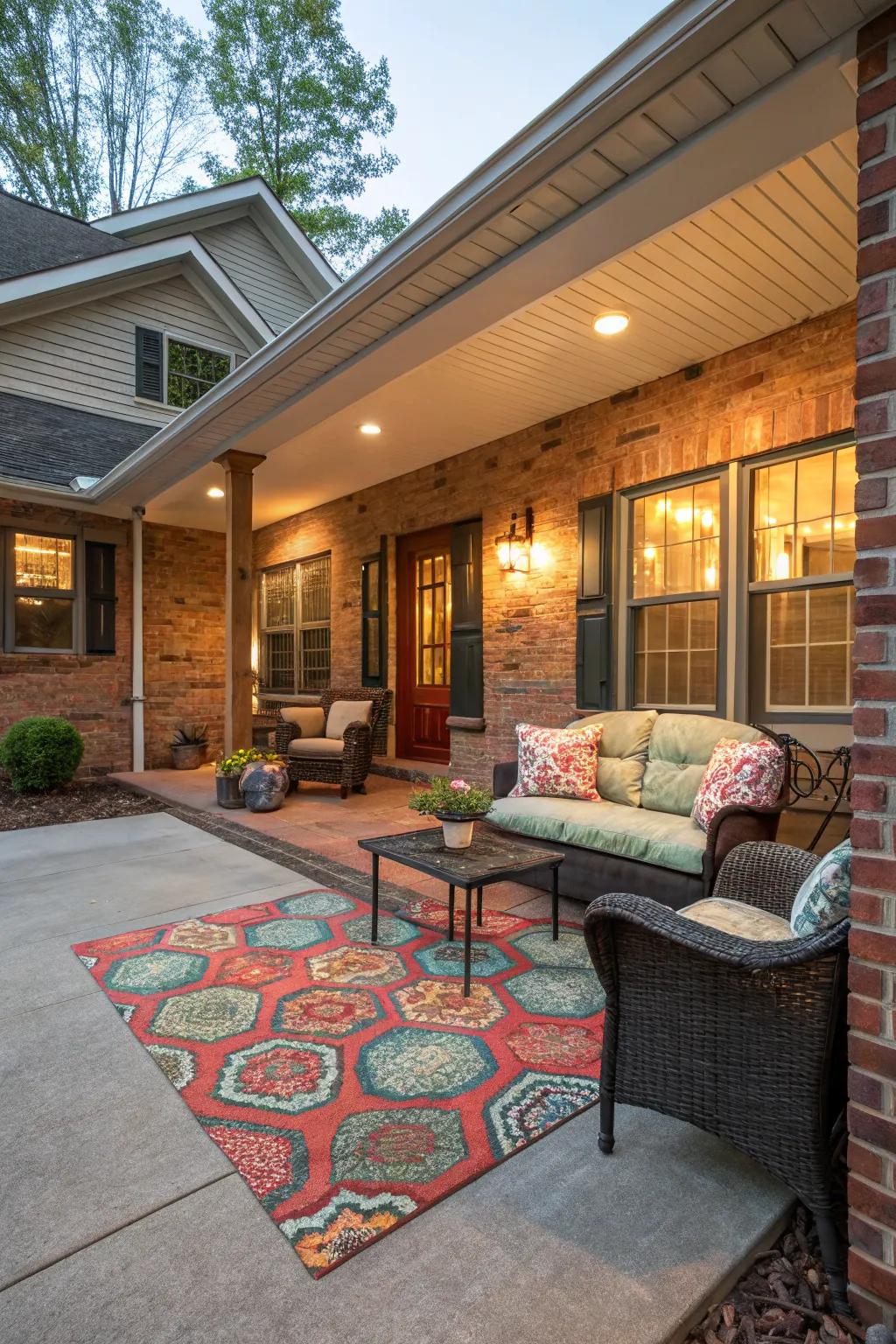 An outdoor rug adds comfort and style to the seating area.