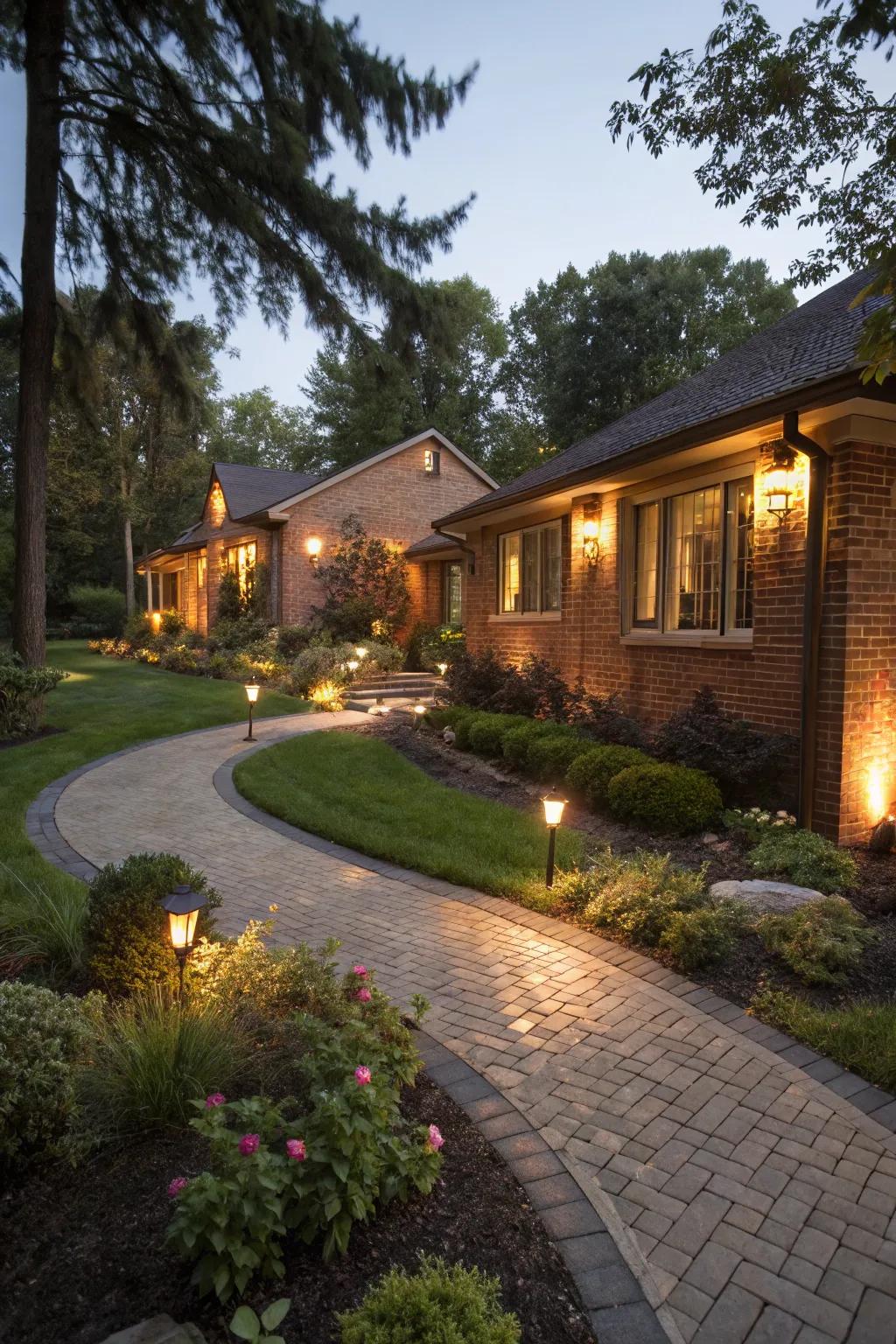 Outdoor lighting highlights garden features and adds ambiance.