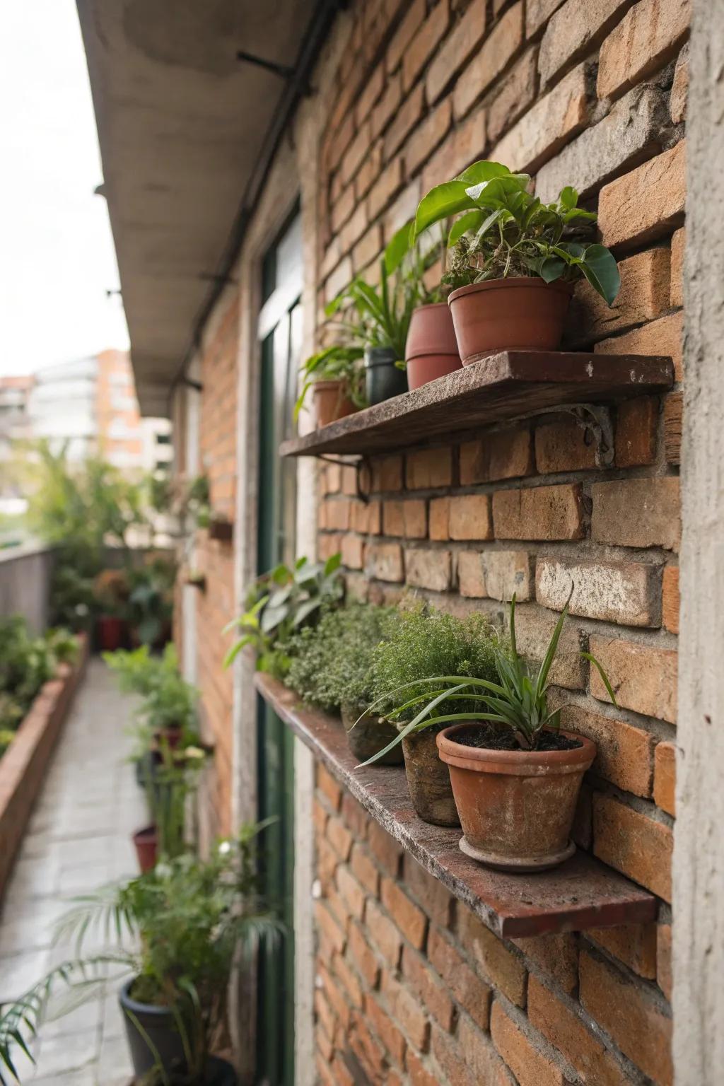 A shelf on a brick wall keeps plants and tools organized.