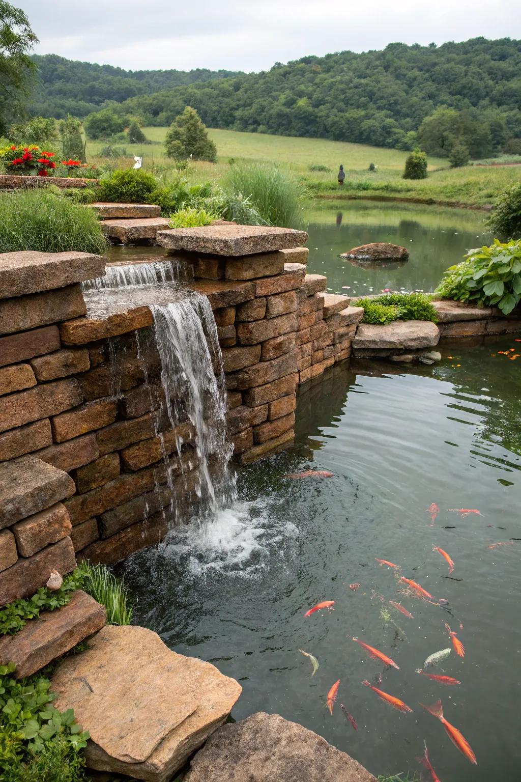 Create a serene environment with a natural brick pond.