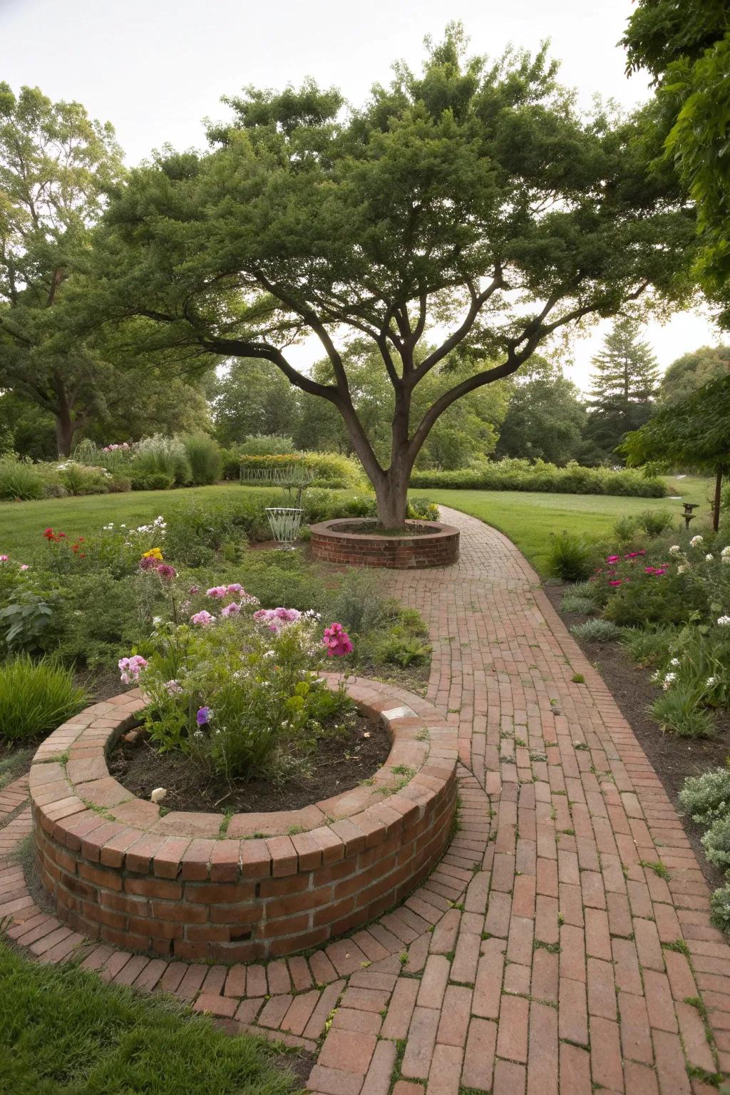 A brick pathway elegantly guides you to the centerpiece tree.