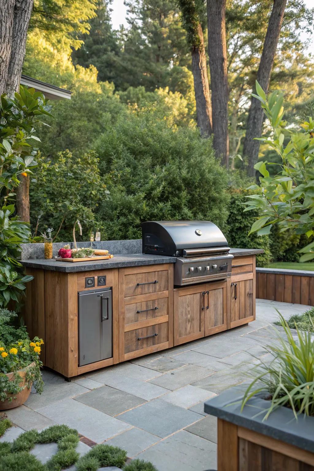 Wood accents add a natural, inviting feel to your grill area.
