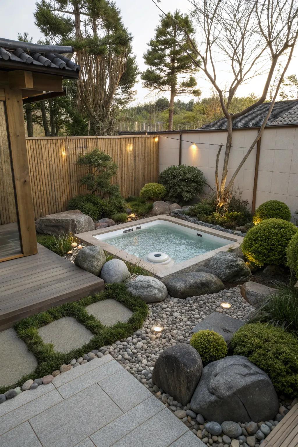A Zen garden offers tranquility around the hot tub.