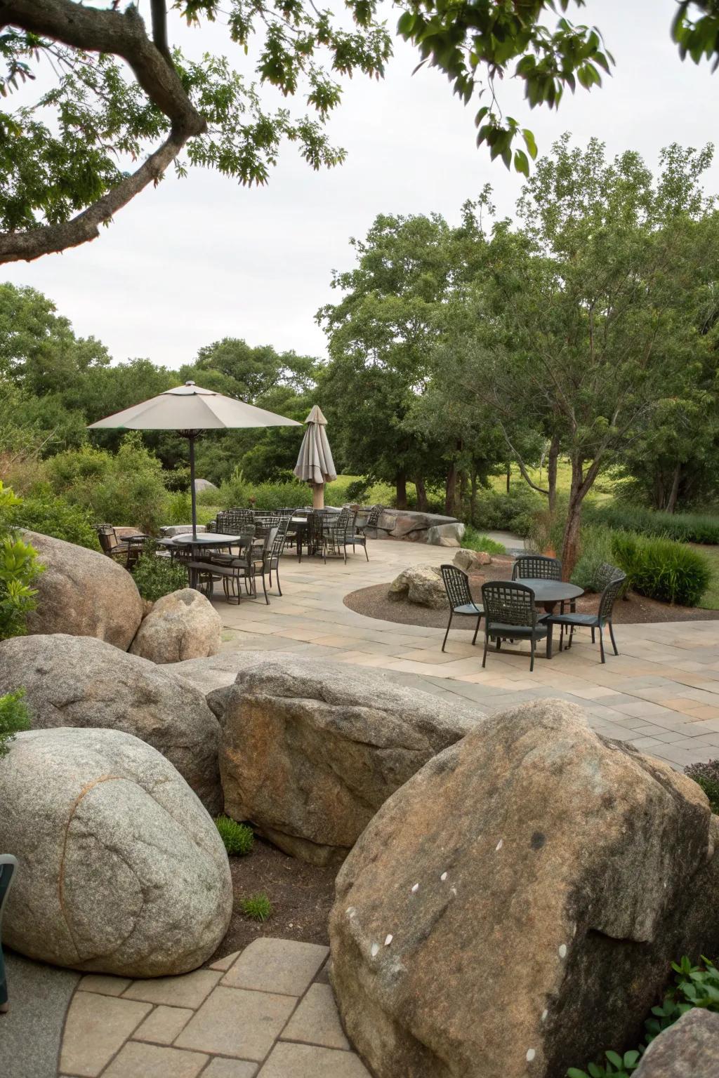 A patio transformed with bull rocks, creating a stylish outdoor space.