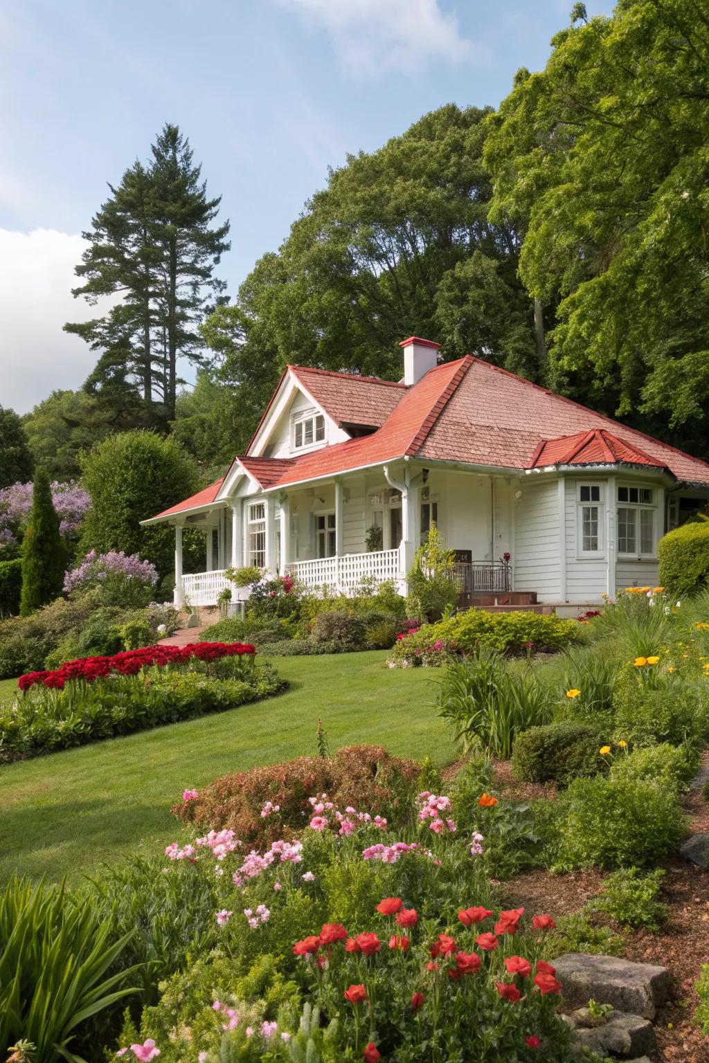 A bungalow surrounded by lush, expertly designed landscaping.