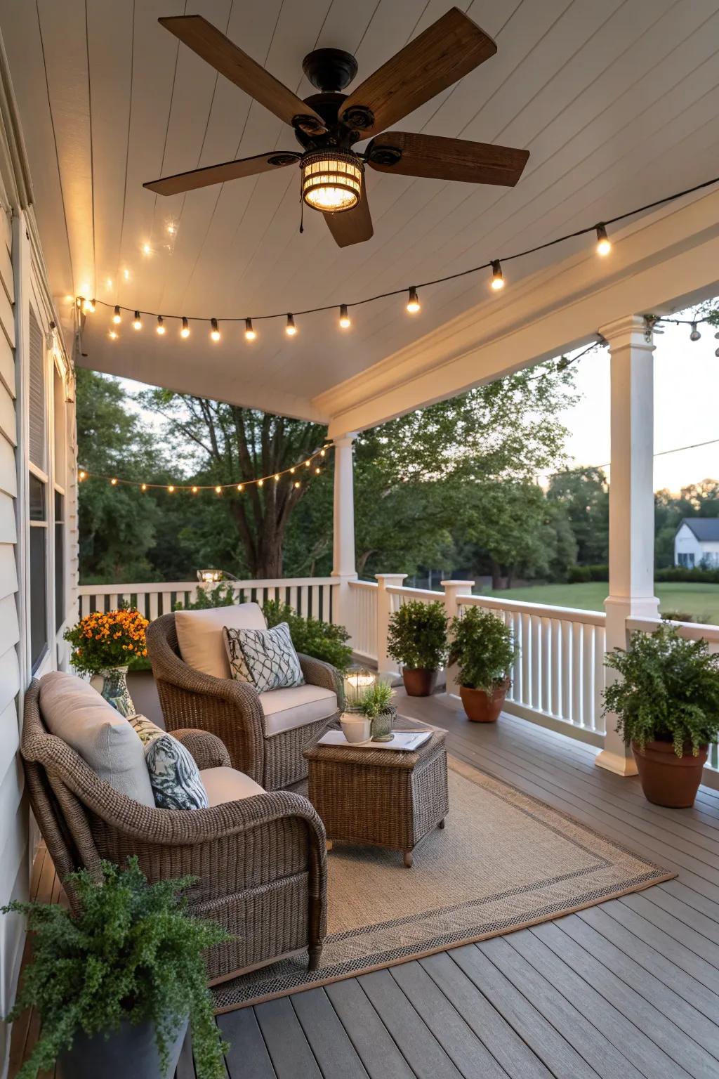 A ceiling fan provides breezy comfort on warm days.