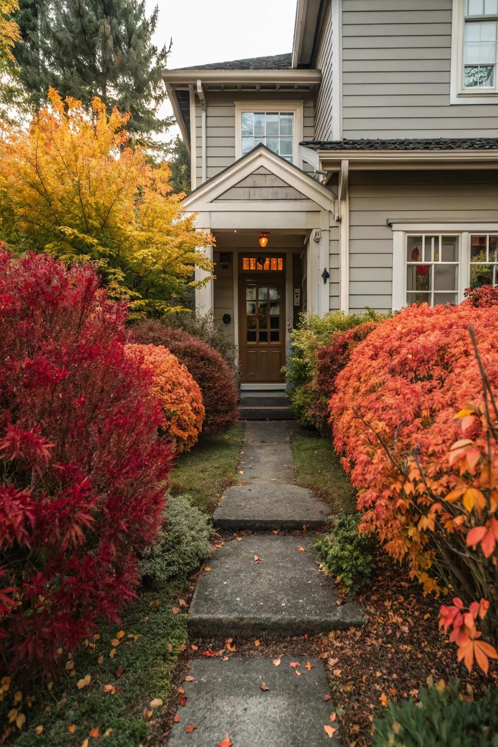 Burning bushes add drama and color to home entryways.