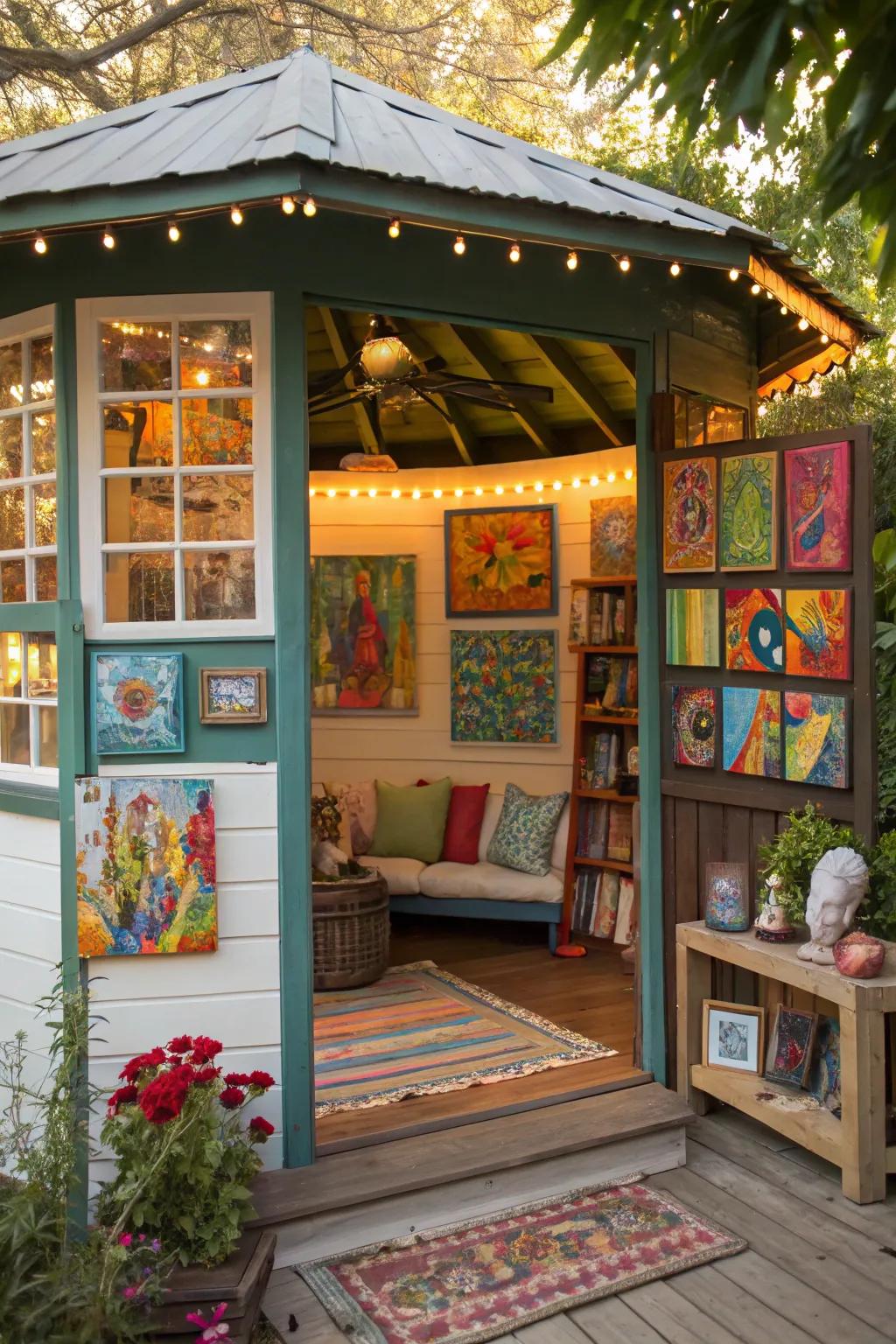 An art studio cabana with vibrant artwork and a cozy nook for creative inspiration.
