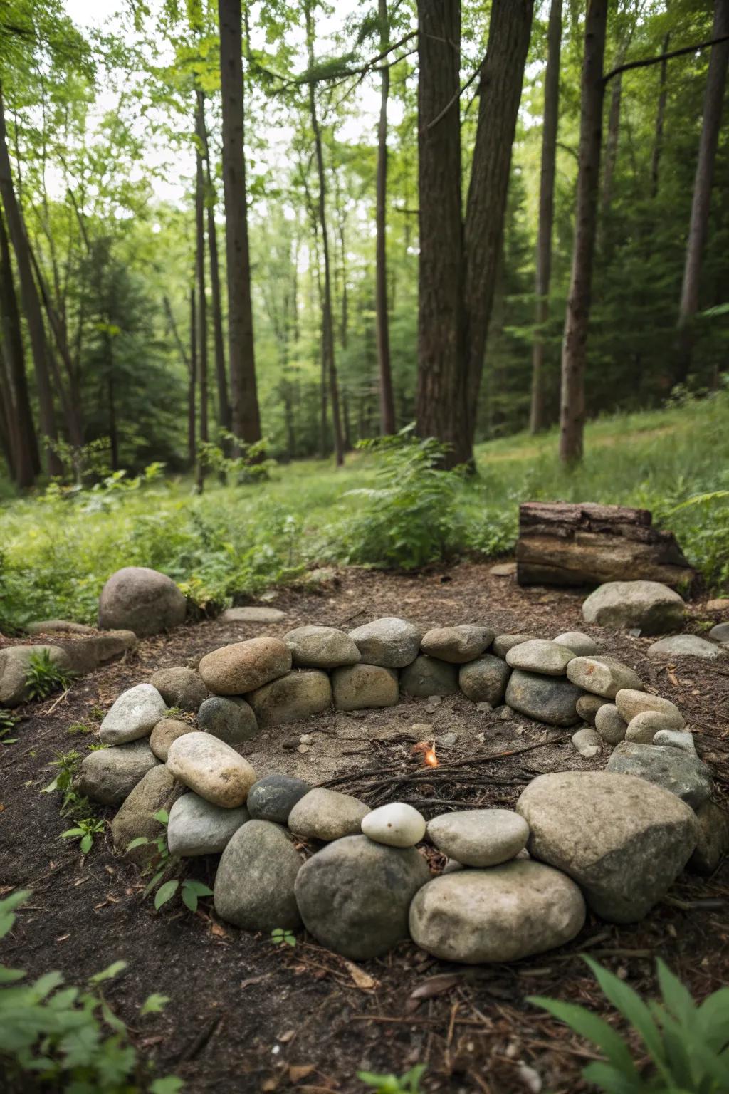 A simple river stone fire ring blending seamlessly with nature.