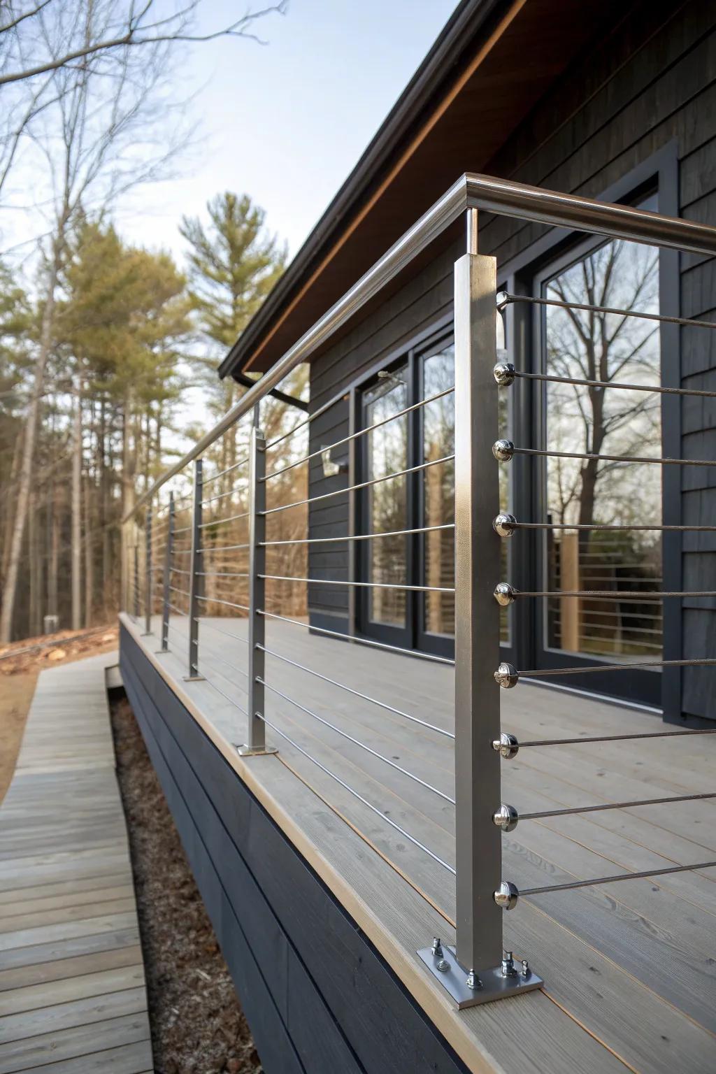 Sleek cable railing on a cabin deck, enhancing the modern aesthetic.