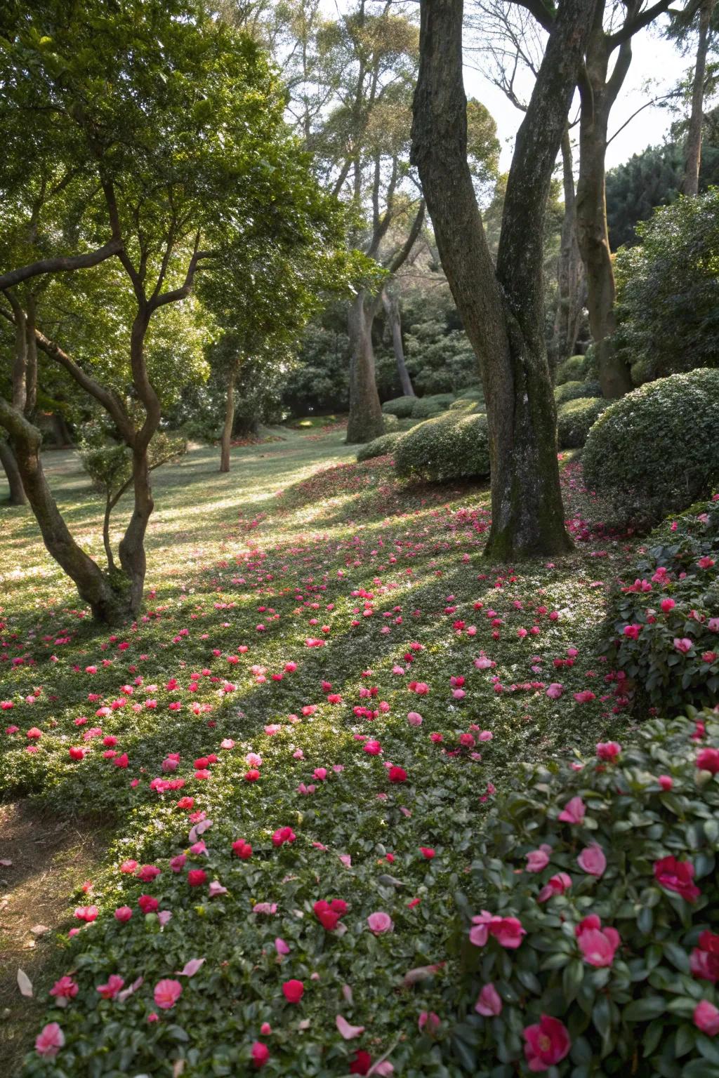 Camellias create a lush and colorful groundcover.
