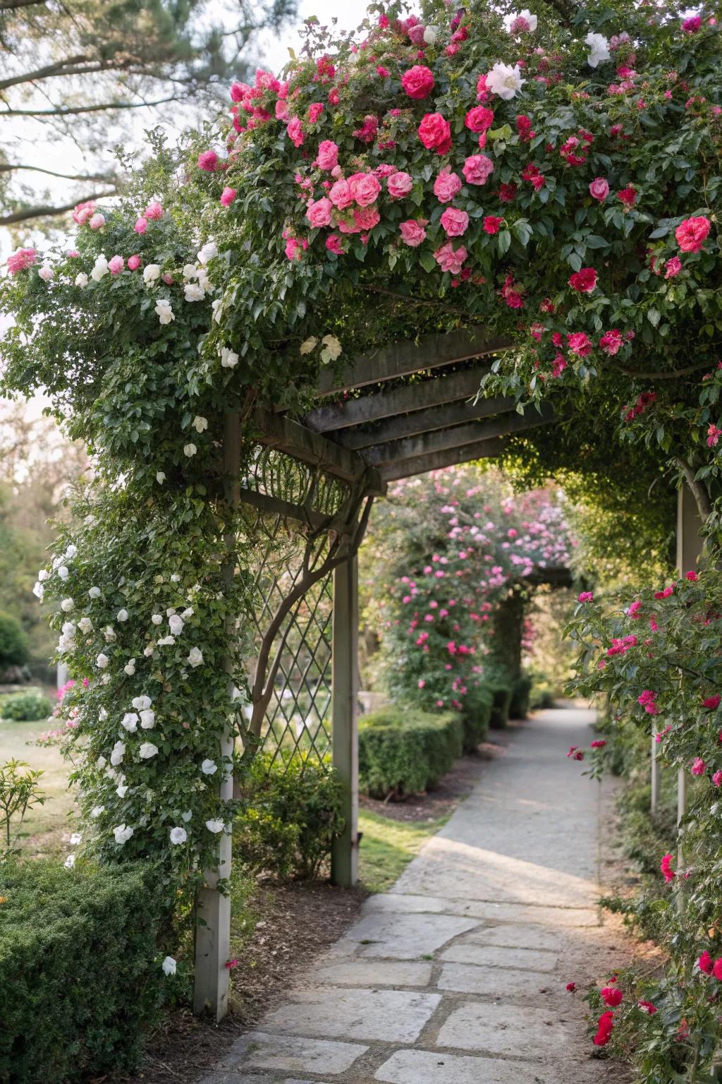 A camellia-covered arbor adds romance to garden entrances.