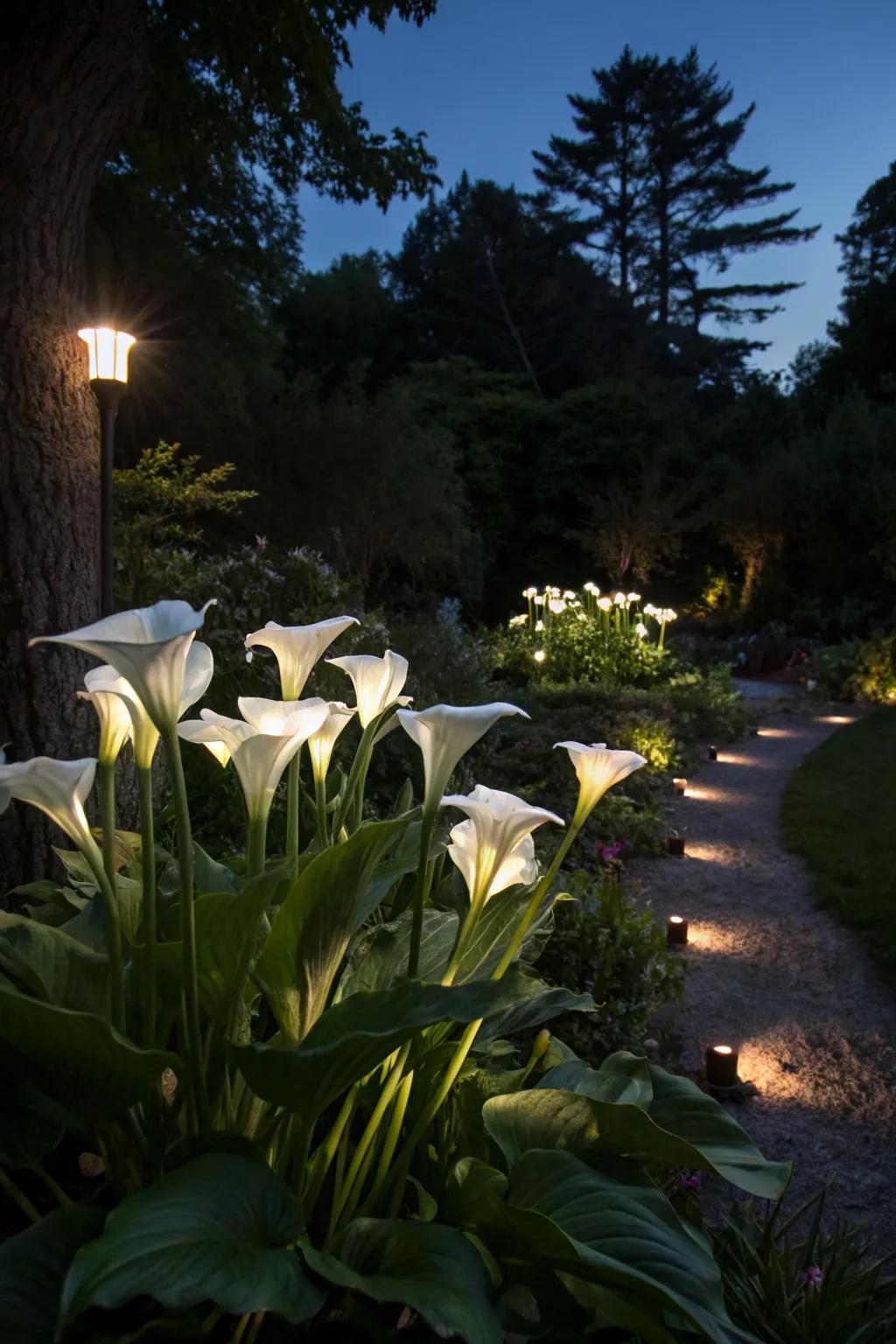 White canna lilies creating a magical night garden scene.