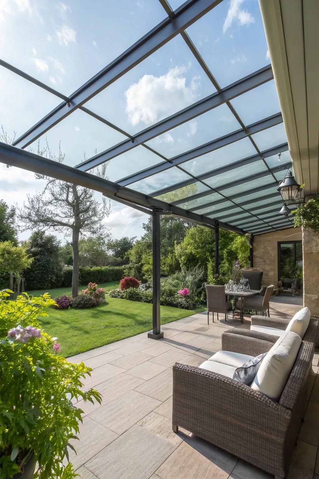A metal and glass canopy merges industrial style with functionality.