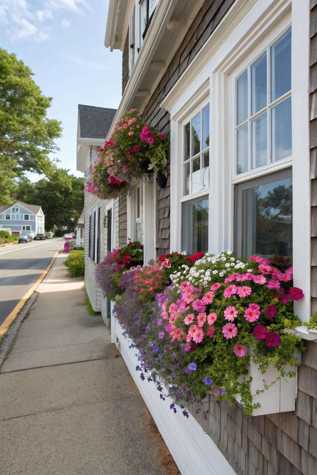 Window boxes enhance curb appeal with cascading blooms.