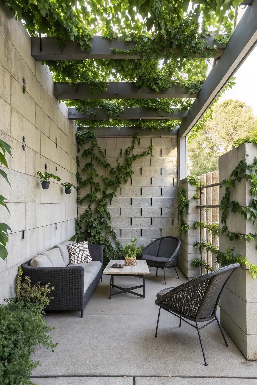 Concrete block walls provide solid privacy and a sleek look.