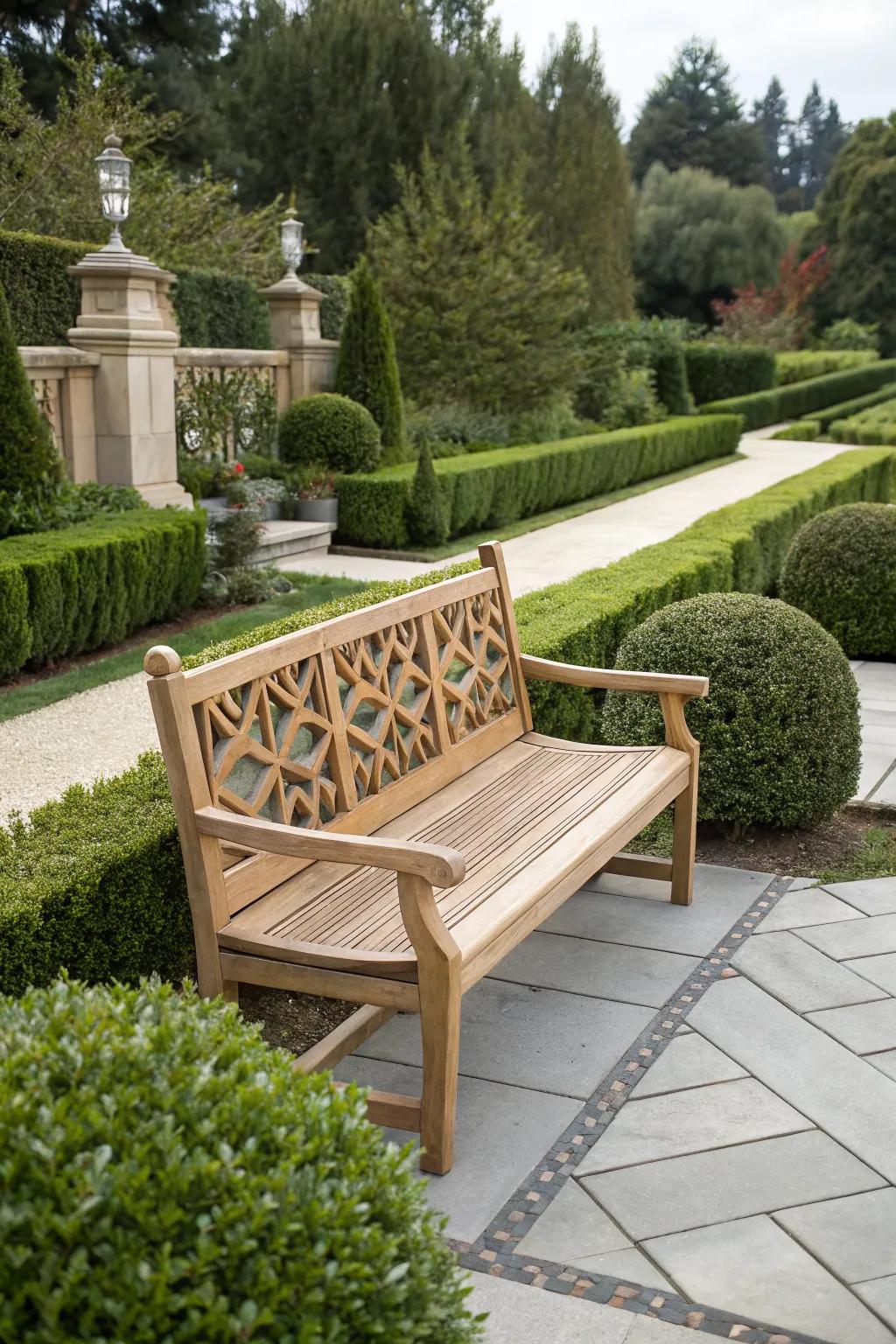 A geometric cedar bench brings a modern edge to the garden.