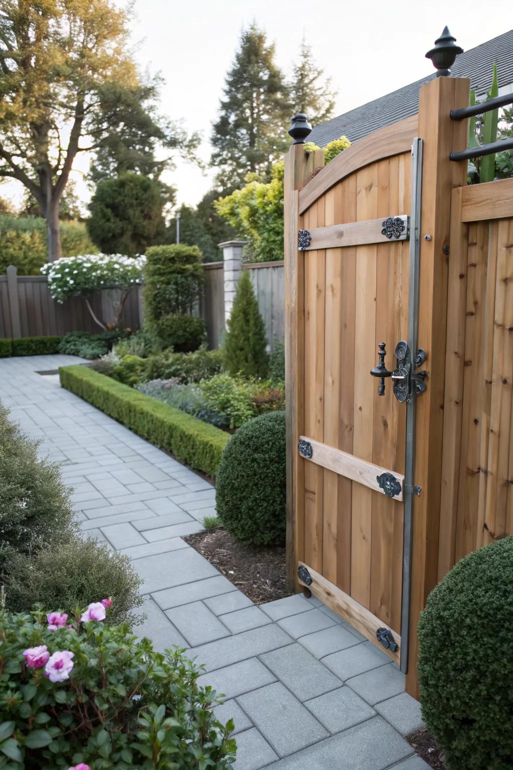 Cedar gate with metal accents for a striking and durable design.